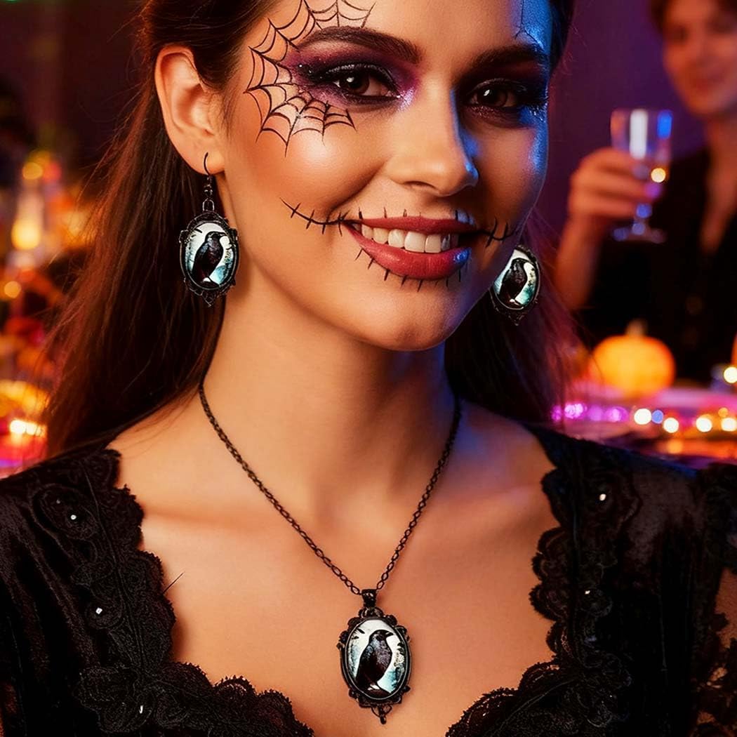 Thumbnail 4 de Unicra Black Halloween Gothic Jewellery Set (Pendant Necklace and Earrings) for Women