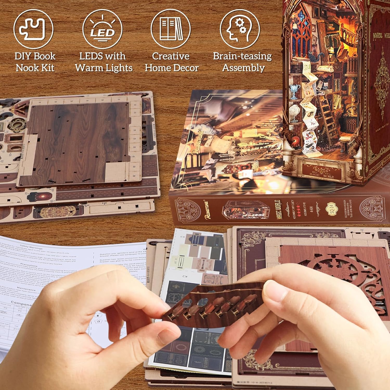 Detalle de RONSTONE Magische Wereld Book Nook Kit – houten 3D-puzzel met ledlicht en stofhoes