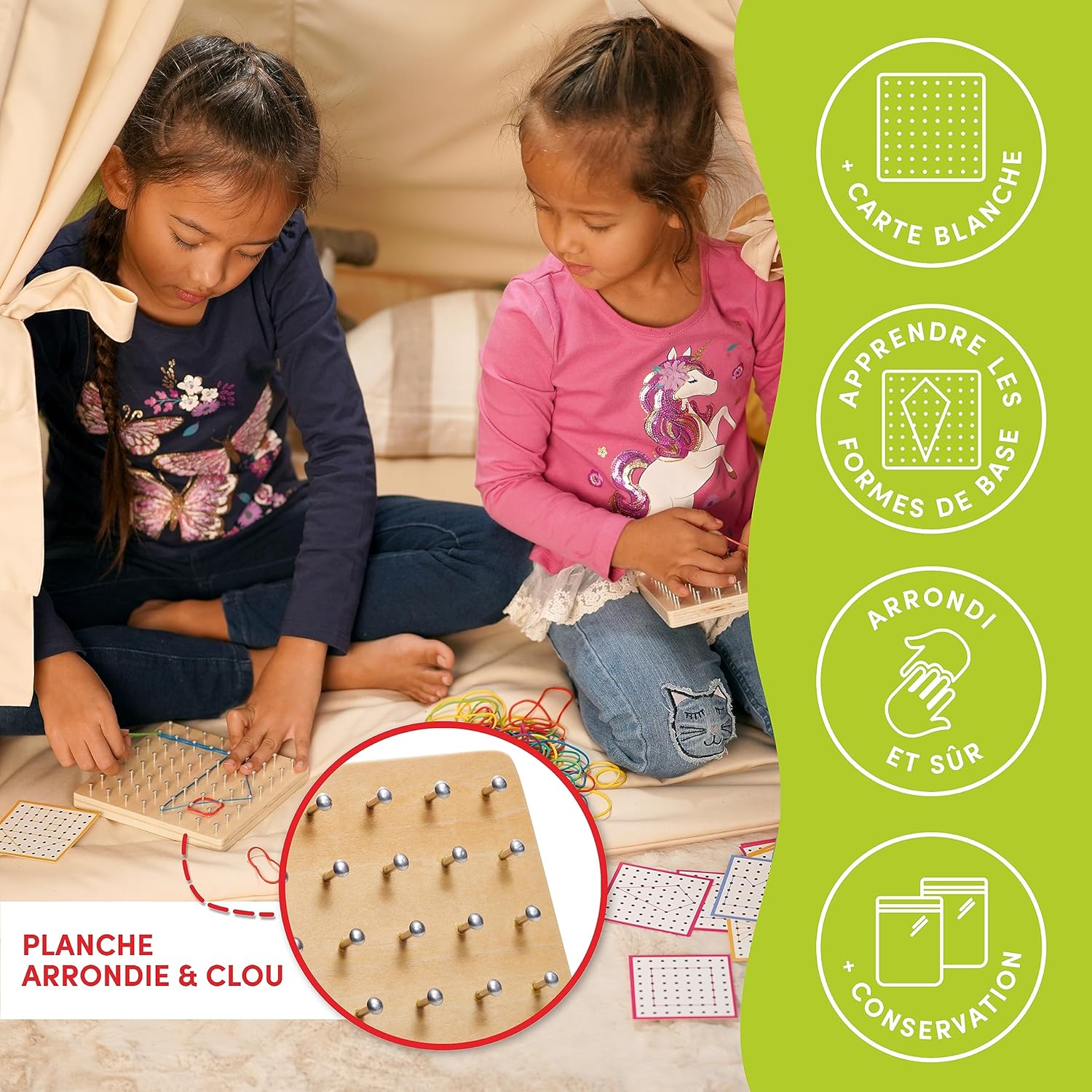 Detalle de CUBIDI Géoboard en Bois 8x8 avec 34 Cartes – Jeu Montessori sans écran