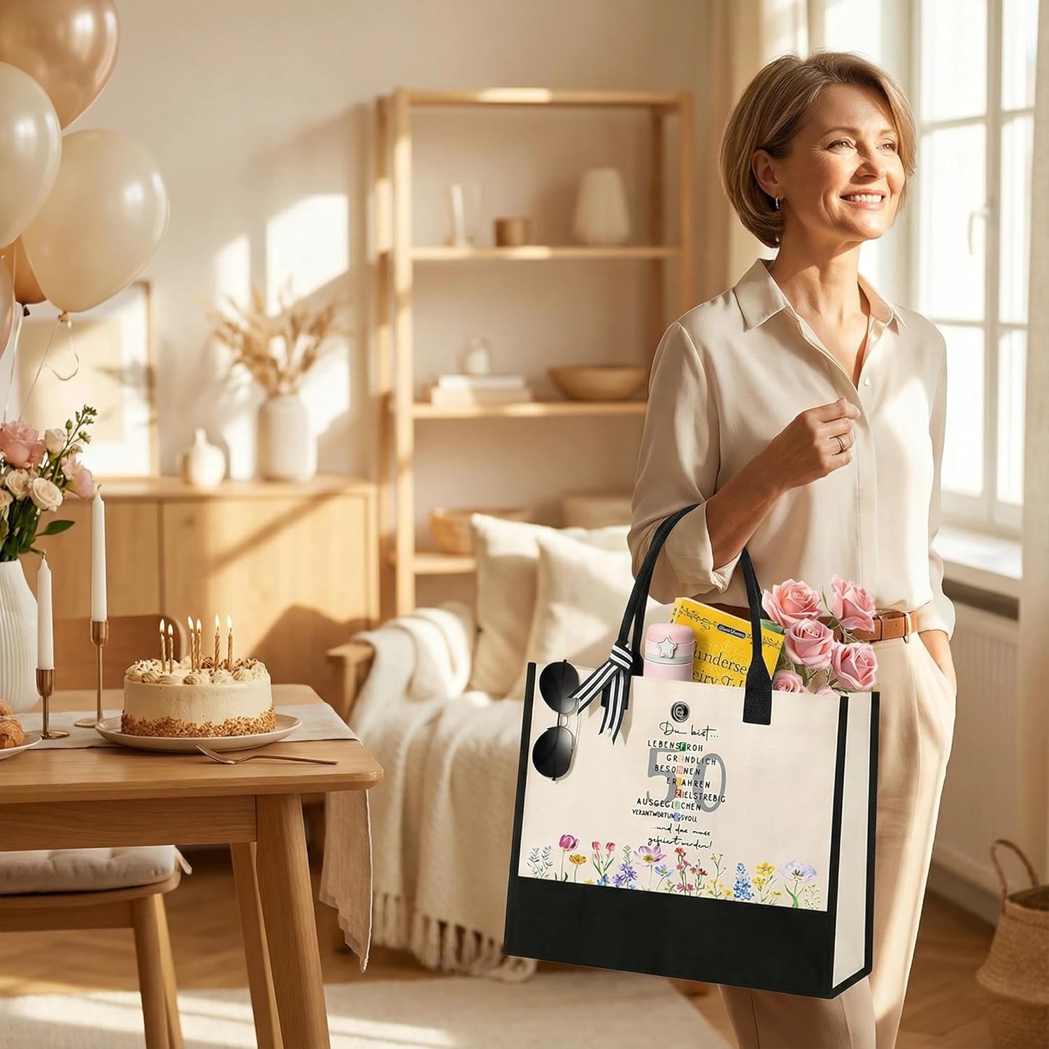 Detalle 2 de Johiux Geburtstagstasche 40/50/60/70 für Frauen – Langlebige Canvas-Tasche mit witzigen Sprüchen