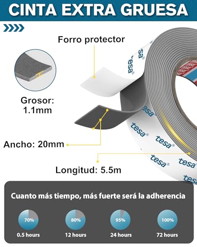 Detalle de EMITEVER Cinta Doble Cara Extrafuerte 6703-5,5m x 20mm – Adhesiva de espuma acrílica para superficies lisas