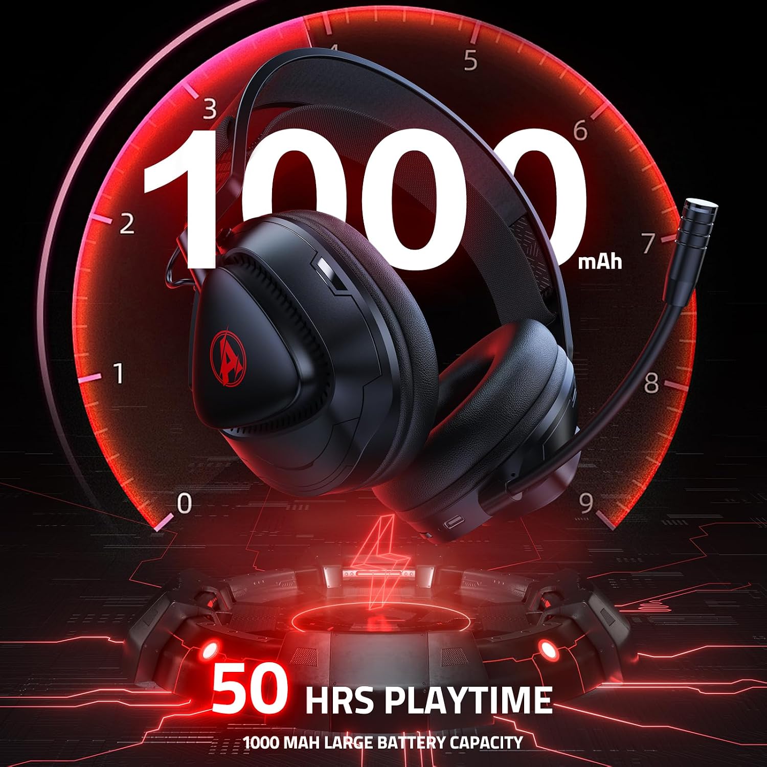 Detalle 2 de Awinnasey PH3 Kabelloses Gaming Headset – 50 Stunden Akku, 3D Surround-Sound, PS5/PS4/PC, RGB, Hellrot