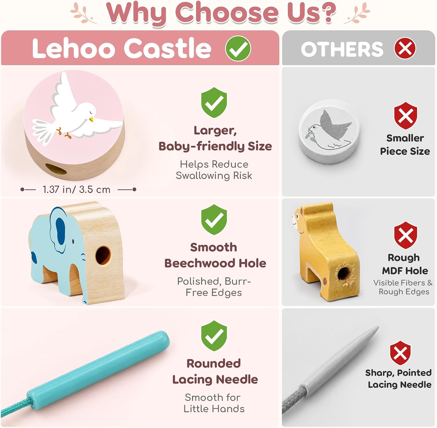 Thumbnail 2 de Lehoo Castle BT-019 Pink Wooden Noah’s Ark Toy with Shape Sorter and Lacing