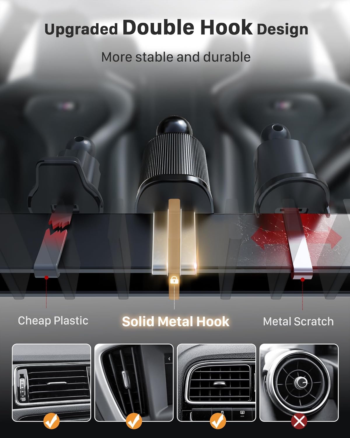 Detalle 2 de YOSH Magnetic Phone Holder for Car Air Vent (Double Metal Hook, for phones up to 7.0")