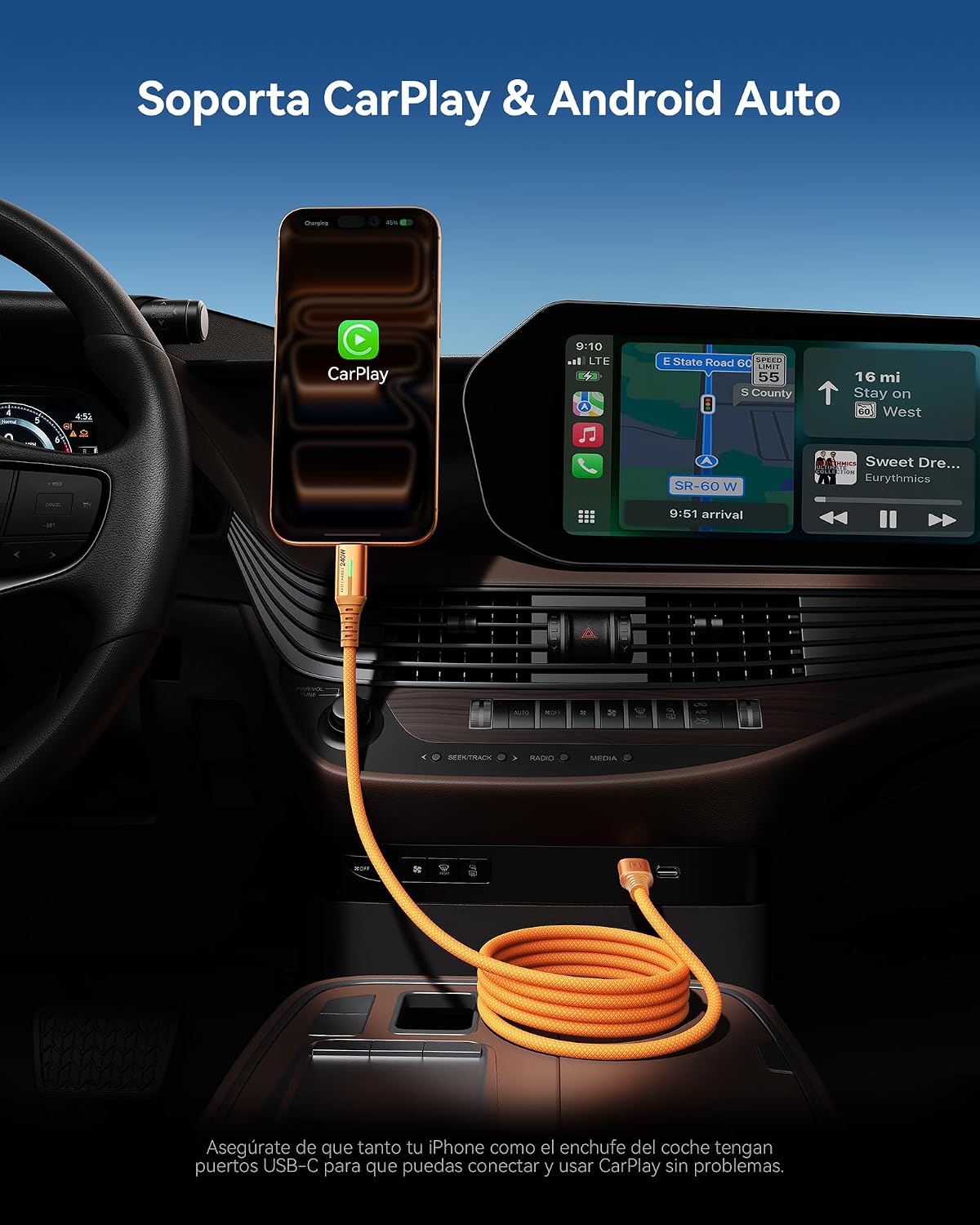 Detalle 2 de INIU 240W USB‑C auf USB‑C Kabel (2er-Set, Orange, 2 m) mit PD zum Schnellladen