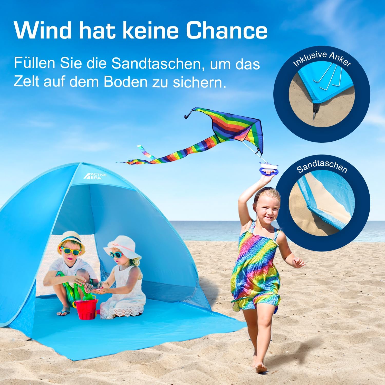 Detalle de Active Era Pop Up Strandmuschel mit UV-Schutz UPF 50+ (2–3 Personen) – Blau
