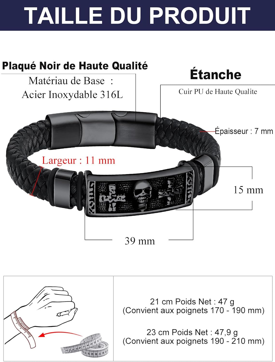 Thumbnail 5 de Bandmax bracelet homme en cuir PU tressé noir avec plaque acier inox motifs croix et crâne