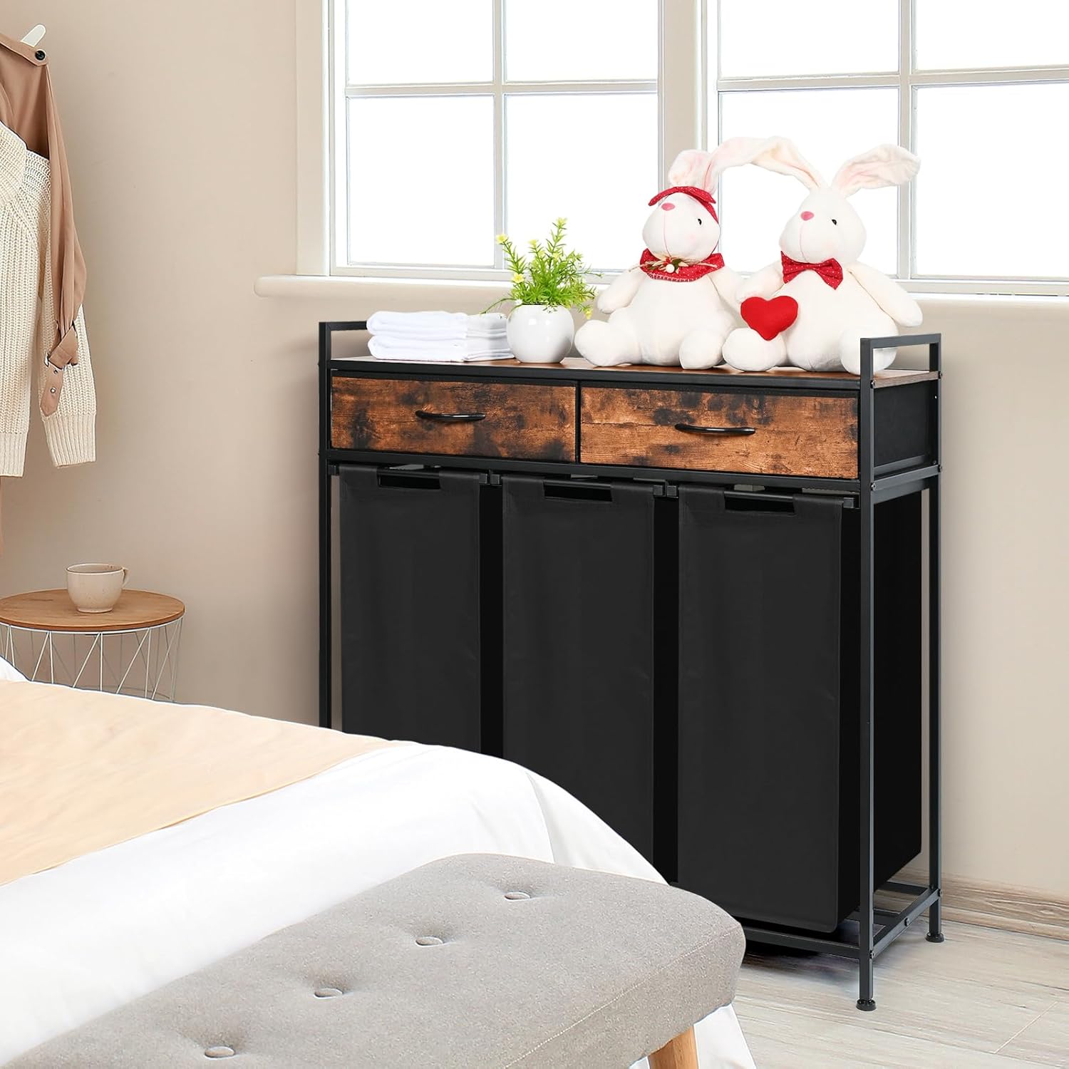 Detalle de 3-Section Laundry Hamper Cart 180L with Shelf and Drawers
