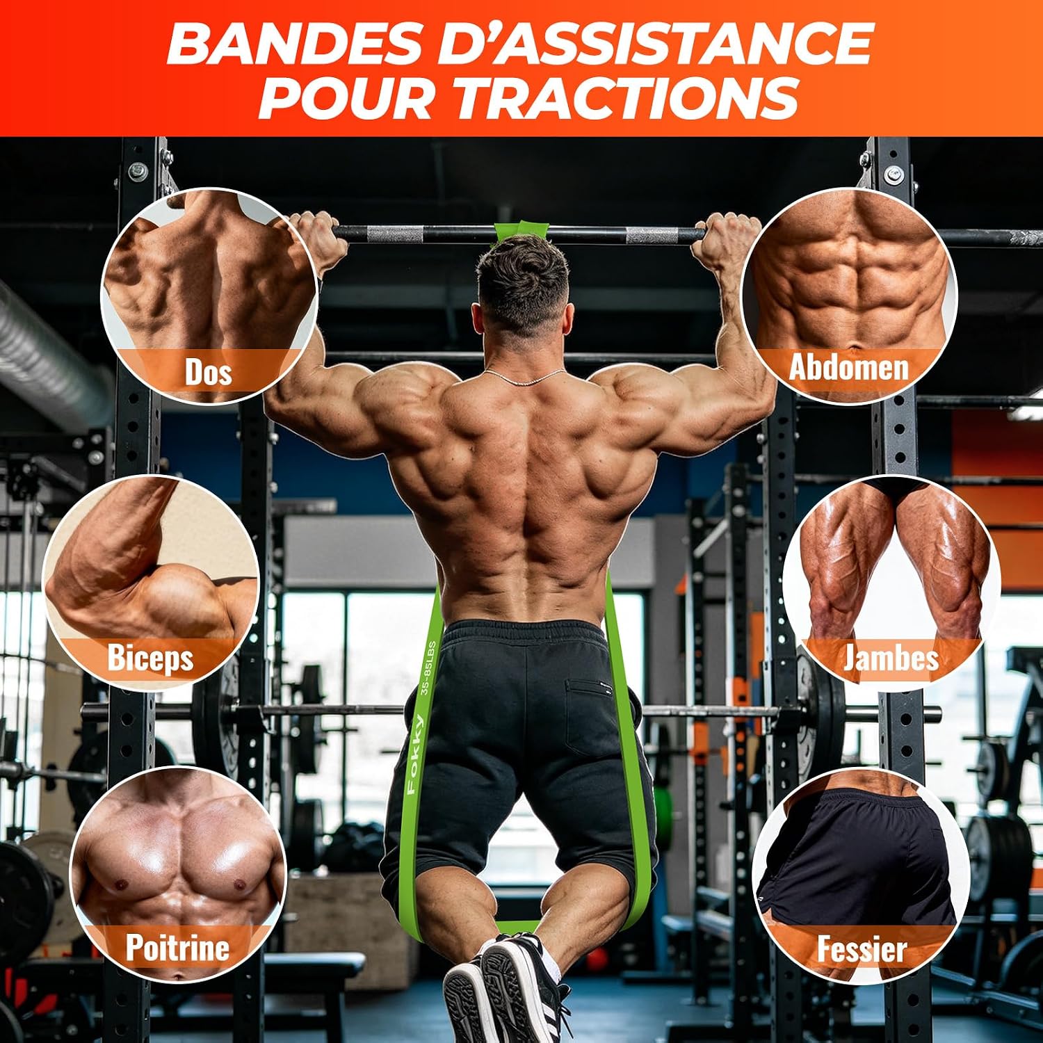 Thumbnail 2 de Fokky Bande Elastique Musculation – Kit 4 Niveaux (Orange 5–15 LBS, Rouge 15–35 LBS, Noir 25–65 LBS, Vert 35–85 LBS) et Sac de Transport