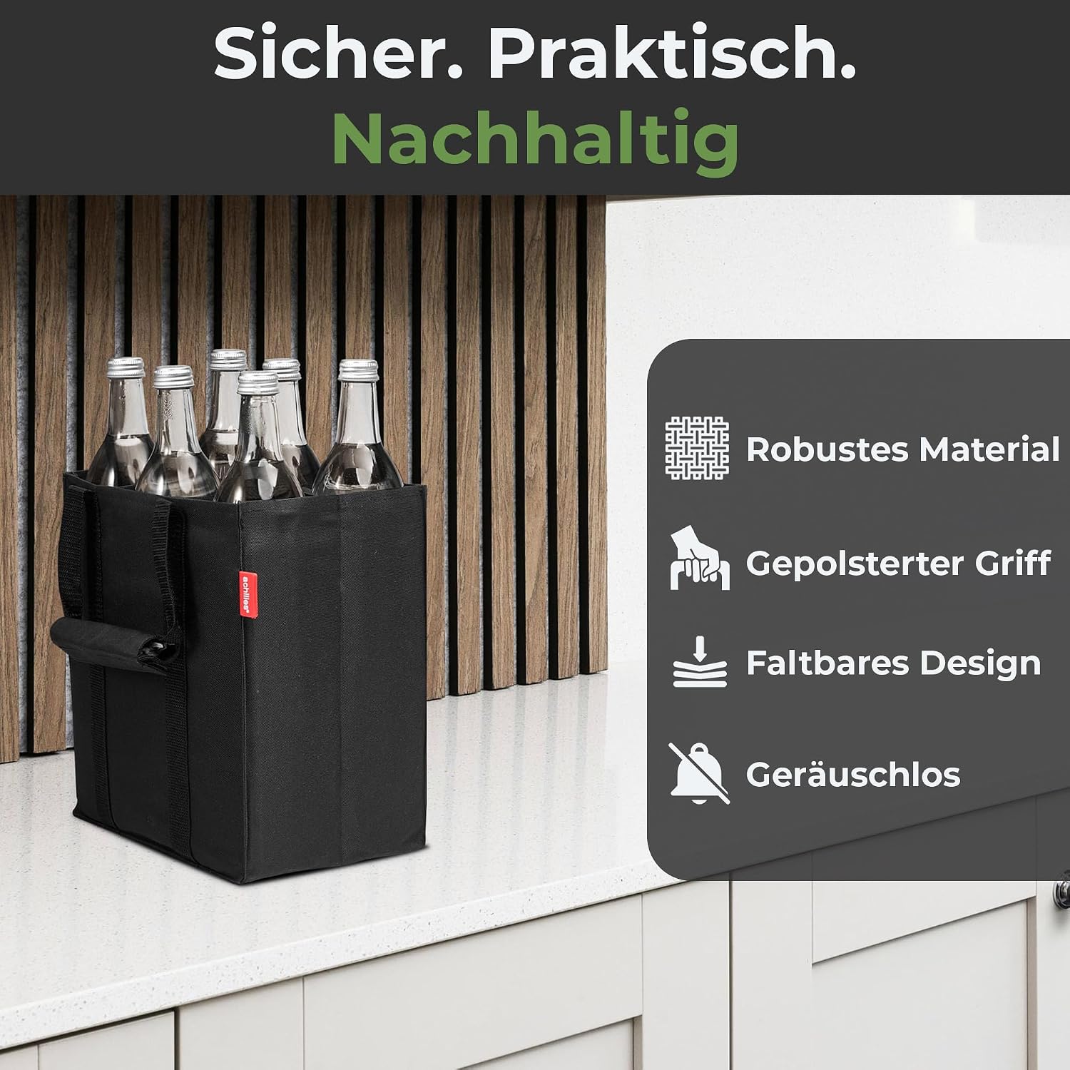 Thumbnail 6 de achilles Flaschentasche mit 6 Fächern (je 1,5 Liter) – faltbarer Flaschenträger mit Trennwänden, Reißfest, Schwarz