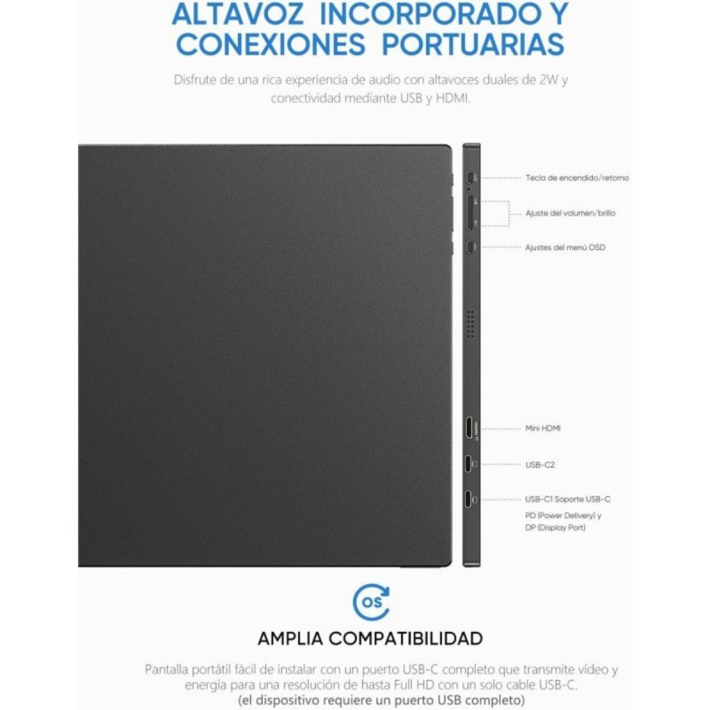 Detalle 2 de Monitor ARZOPA S1 Table 15,6'' FullHD 60Hz IPS HDR ultrafino con USB-C y mini-HDMI
