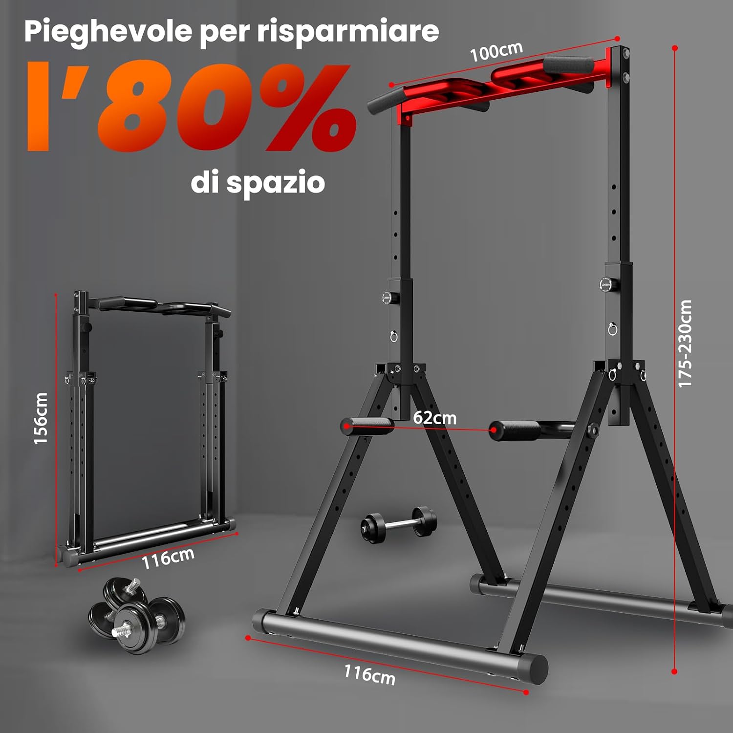 Detalle 2 de WATBKHE Power Tower Dip Station pliable avec barre de tractions, hauteur réglable jusqu’à 230 cm