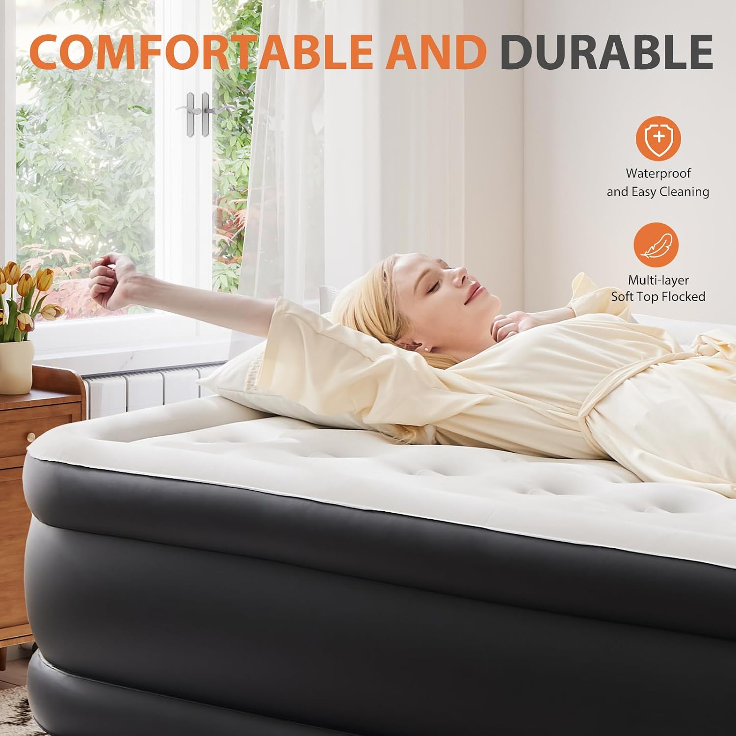 Detalle de Sweetcrispy QDC-22-Q Queen Air Mattress, 22-inch profile, built-in pump
