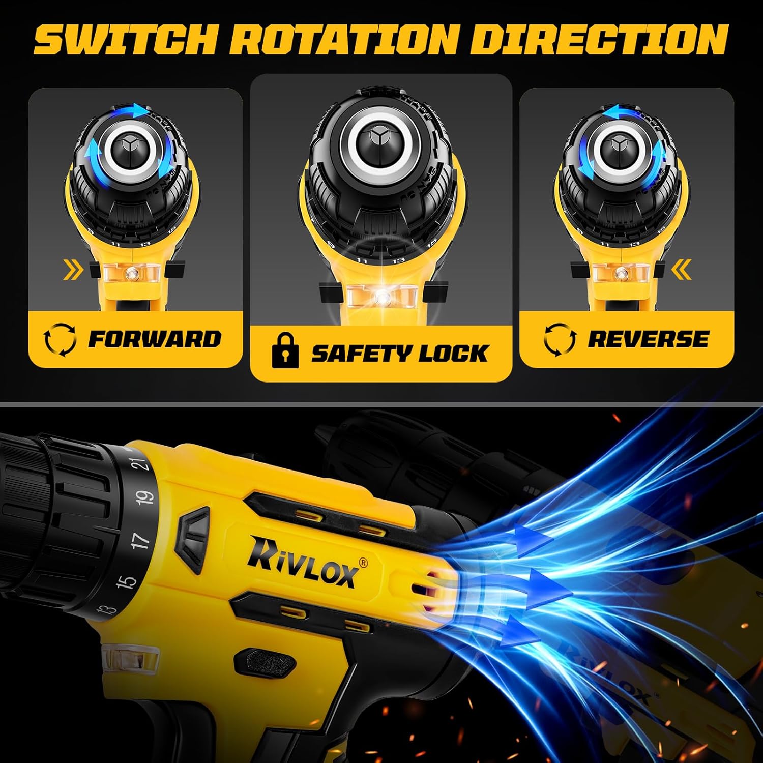 Thumbnail 4 de Rivlox Cordless Drill Set 21V – 21+1 Torque Combi Drill with 1.5Ah Battery and UK Charger