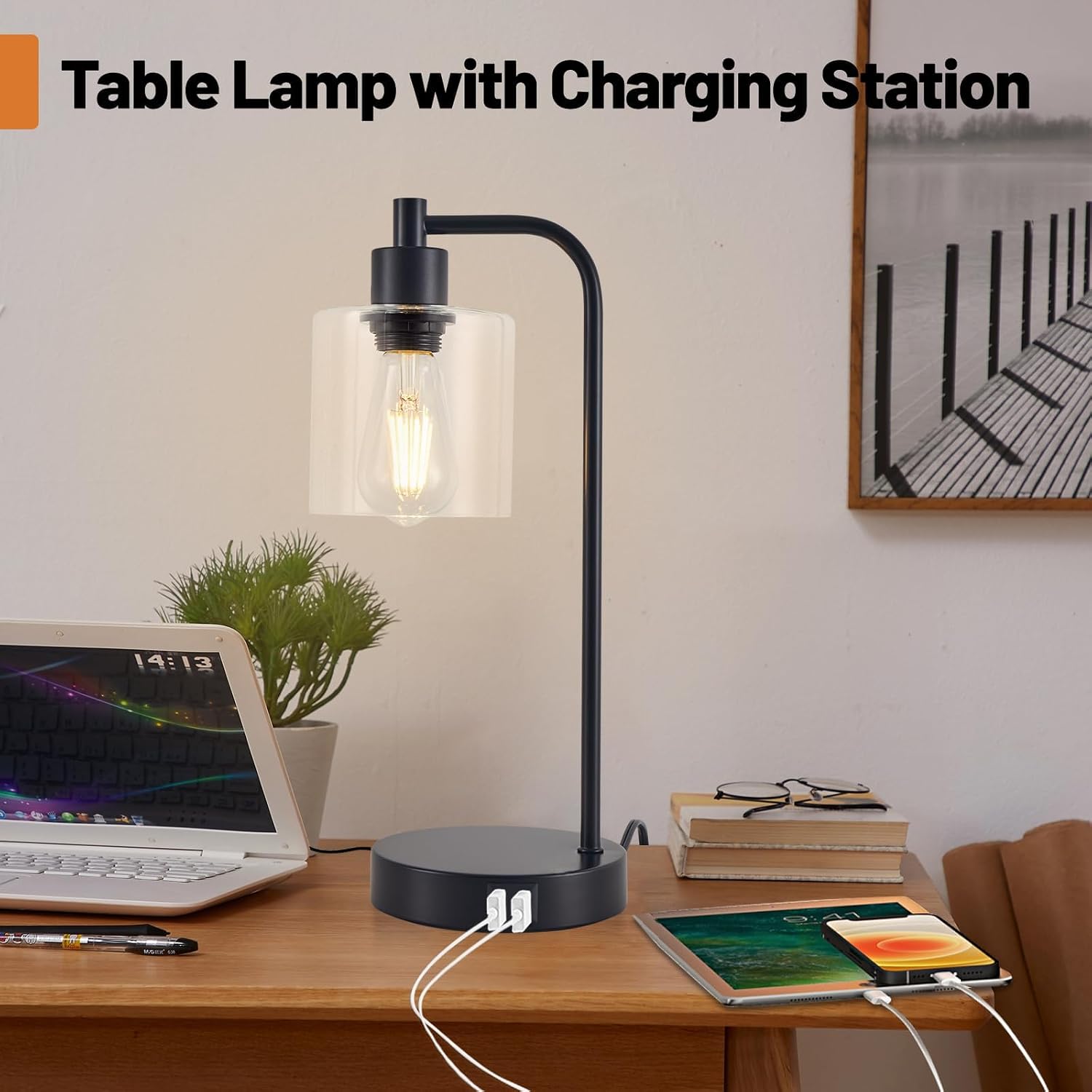 Thumbnail 3 de SANGFOR XLGZ-L1-013BK Table Lamp Set of 2 with Glass Shades, Touch Dimming and USB