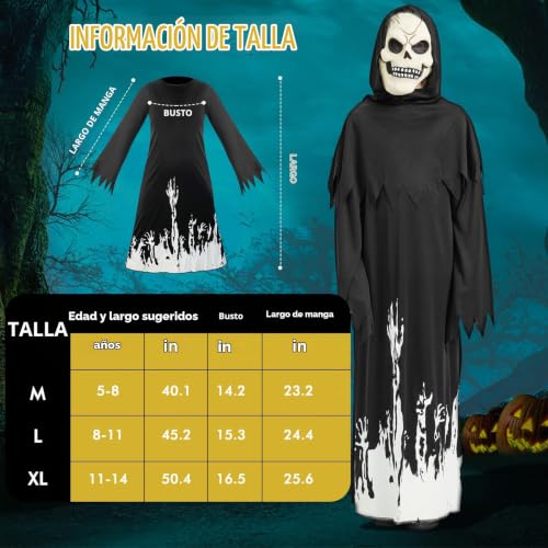 Detalle 1 de Haozozo disfraz de muerte para niño, fluorescente, con máscara y guadaña (11-14 años)