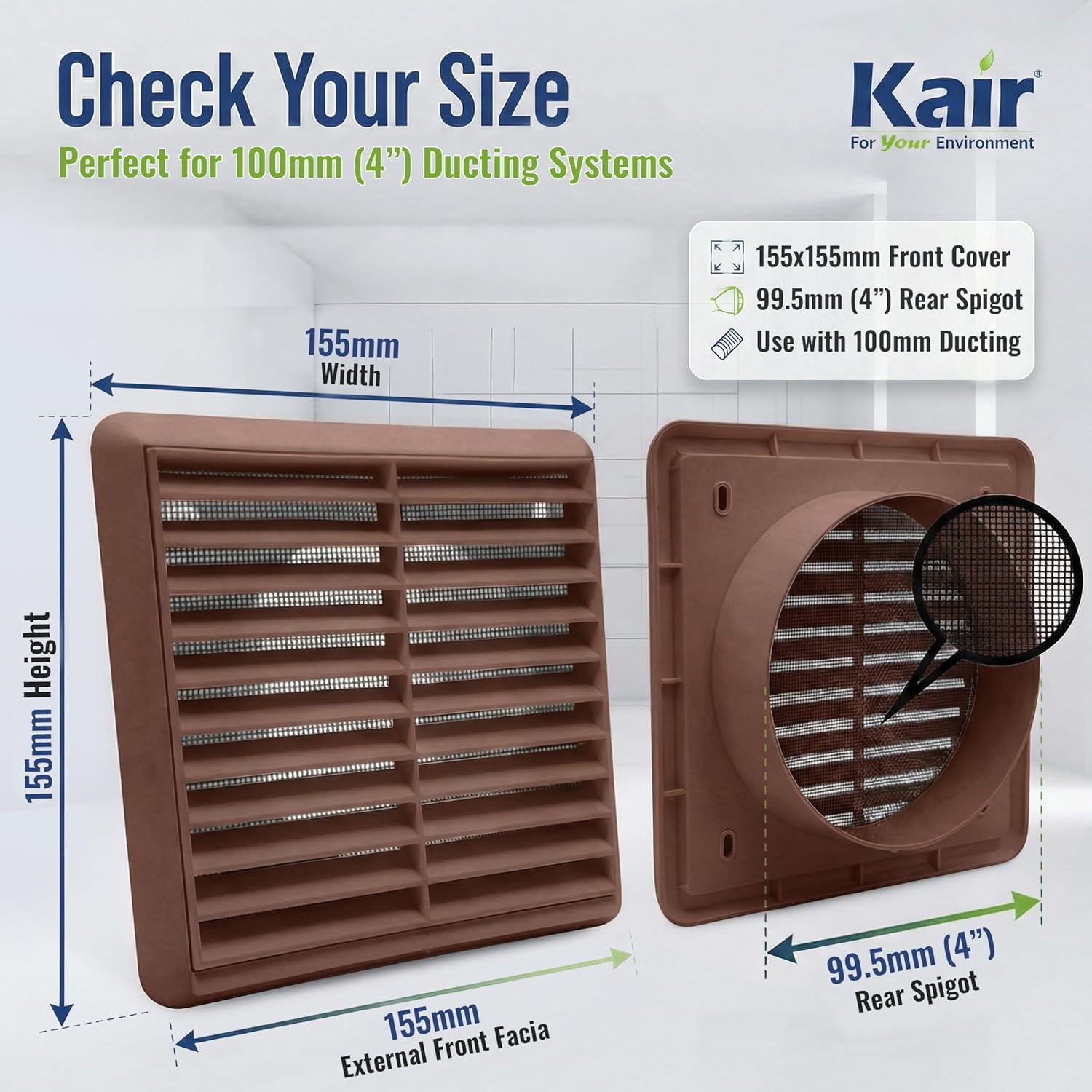 Detalle de Kair Brown 100mm Louvred Wall Vent Grille with Flyscreen – 155mm x 155mm, 4 Inch Rear Spigot