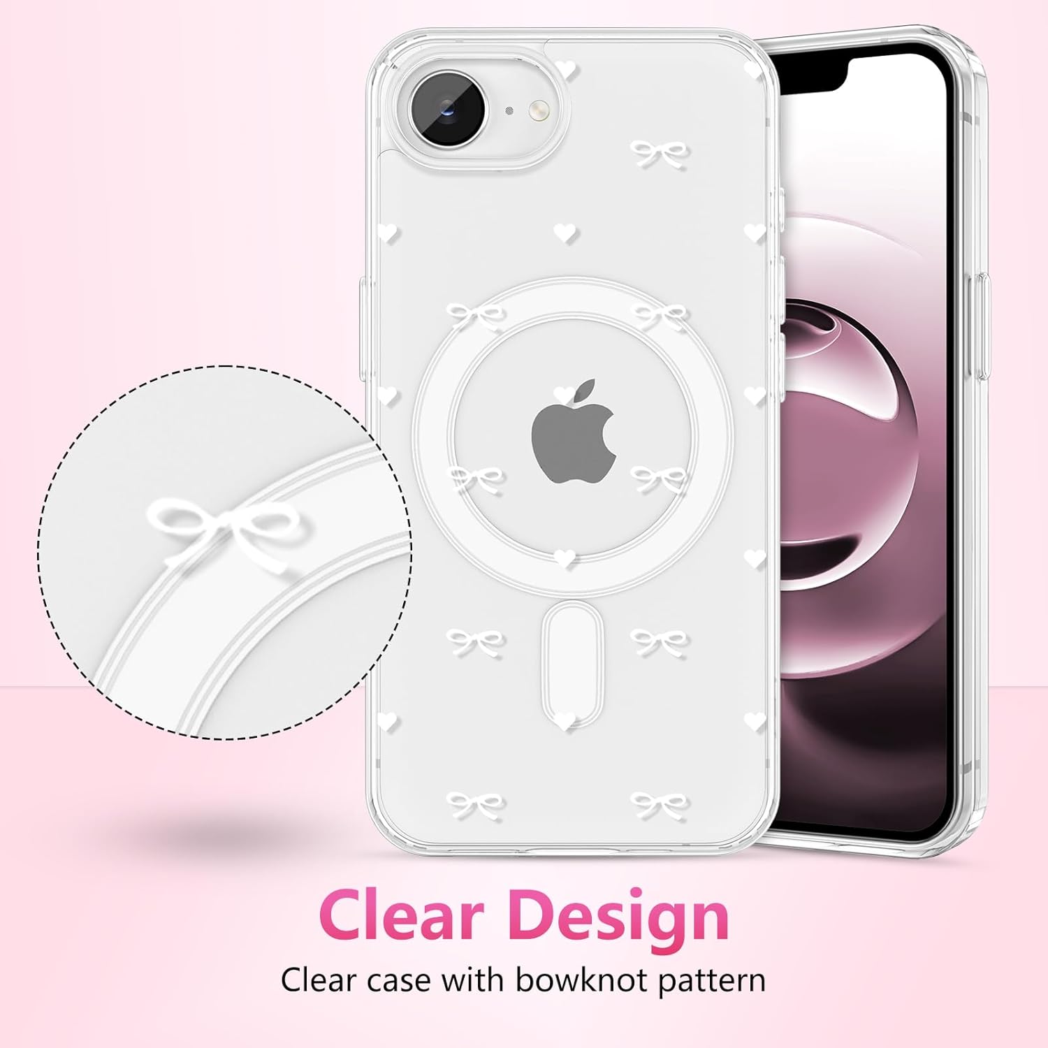 Thumbnail 1 de ZTOFERA Magnetische Hülle für iPhone 16e/17e (6,1", Weiß) mit Schleifen-Design und Herzmuster