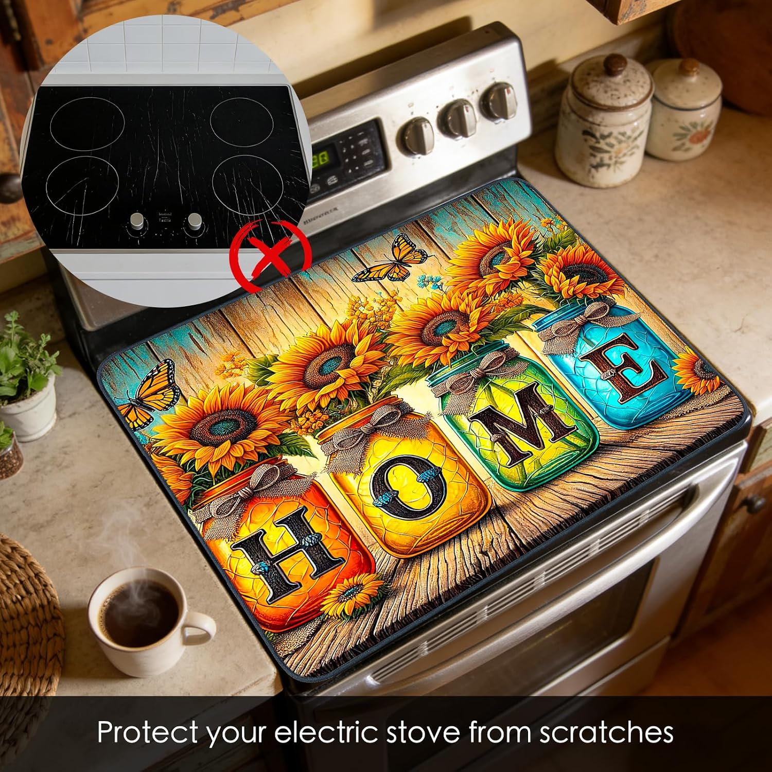 Detalle de Nuxovilar Sunflower Jar Stove Top Cover, 28.65 x 20.47-Inch Farmhouse Mat