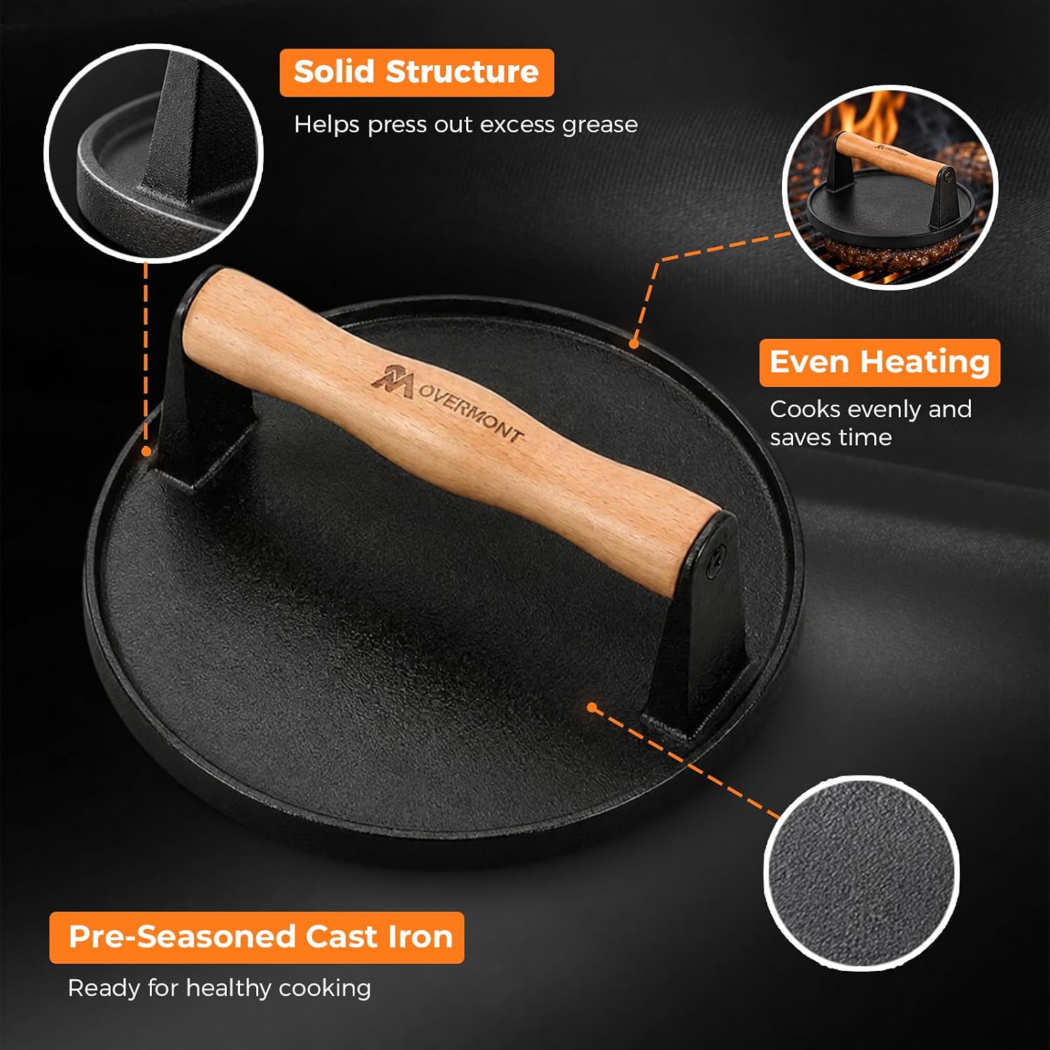 Detalle de OVERMONT Round 7" Cast-Iron Smash Burger Press with Flat Base and Wood Handle