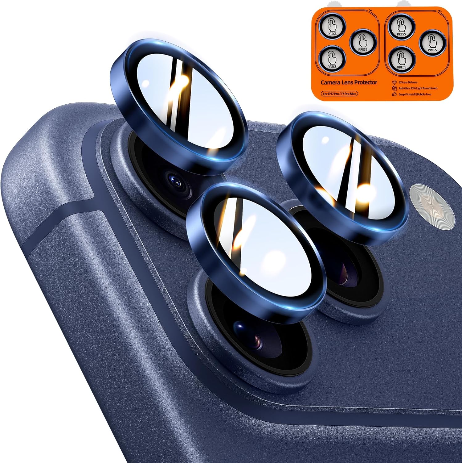 TOCOL Protection caméra iPhone 17 Pro Max lot de 2, verre trempé bleu