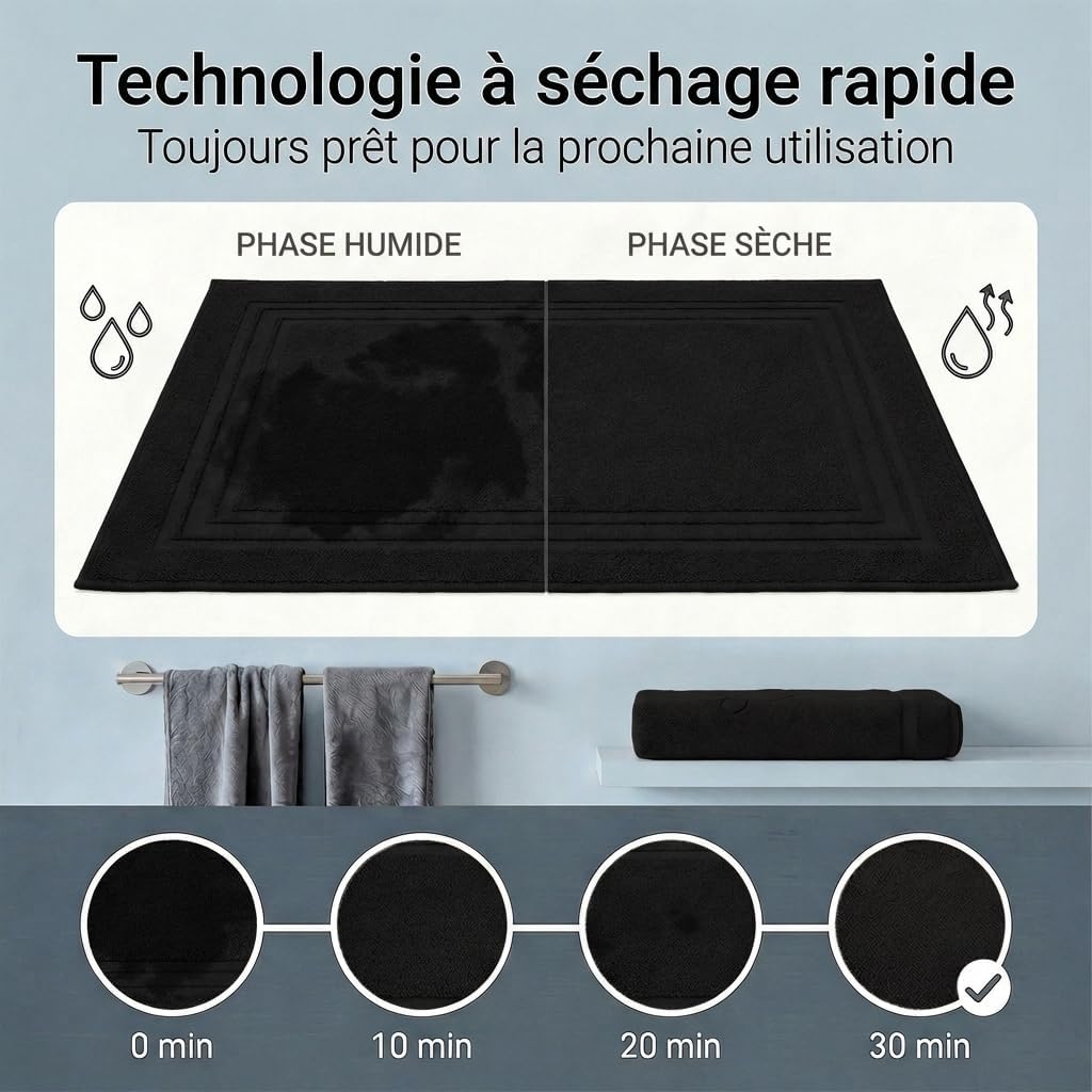 Thumbnail 5 de Komfortec Lot de 2 Tapis de Bain en coton absorbant 600 g/m², Noir 50 x 70 cm