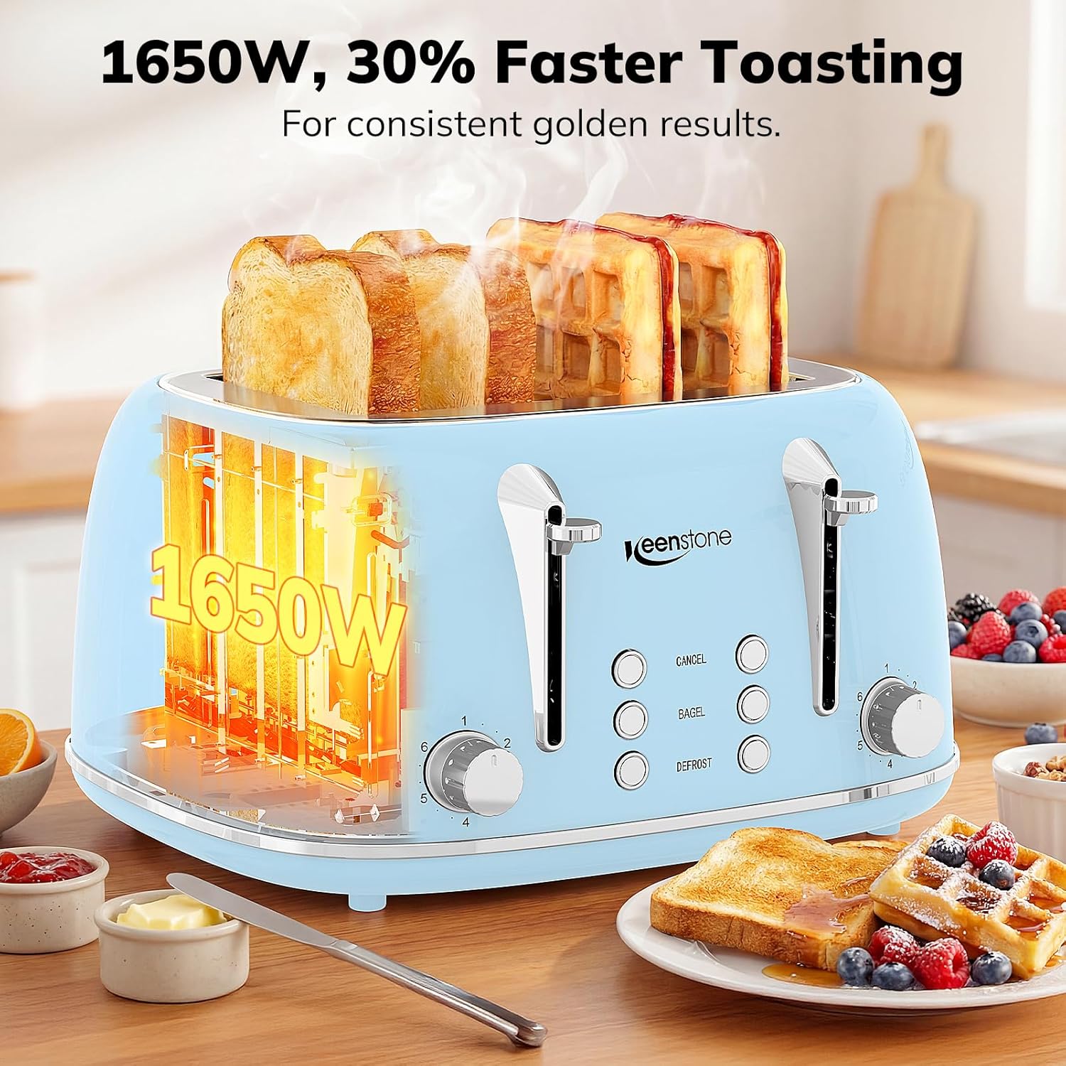 Thumbnail 3 de Keenstone 4-Slice Retro Stainless Steel Toaster with Dual Independent Controls (Wide Slots, Blue)