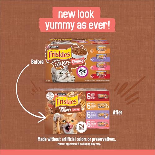 Detalle 2 de Purina Friskies Extra Gravy Wet Cat Food Chunky Variety Pack (Chicken, Turkey, Salmon, Beef) — 24x5.5 oz Cans