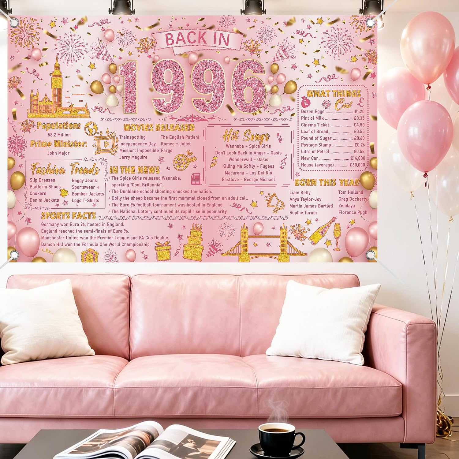 Thumbnail 6 de 30th Birthday Decorations for Women: Pink Gold Retro 1996 Backdrop Banner
