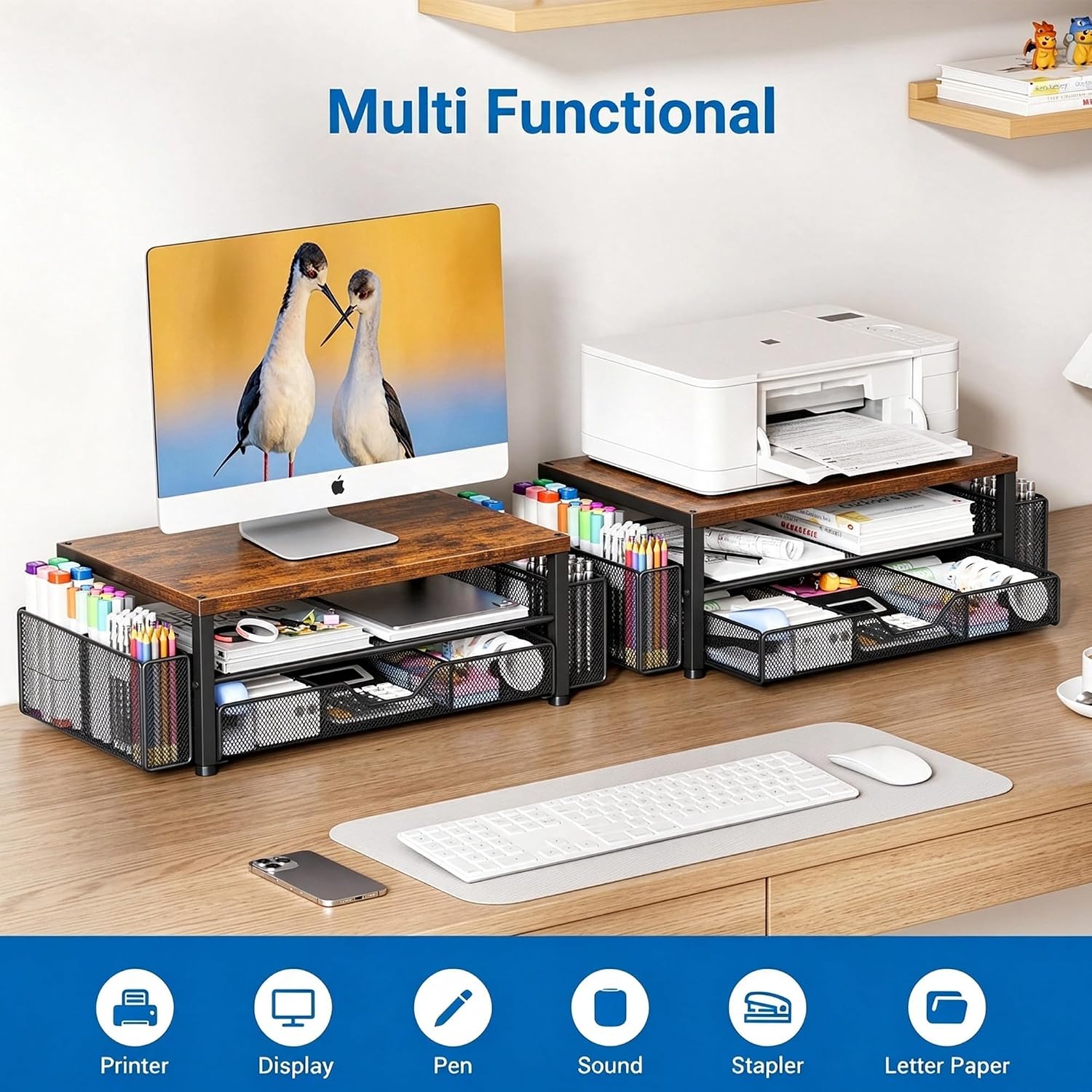 Thumbnail 2 de OPNICE CMS Desk Organizer Monitor Stand with Drawer and Pen Holders, Wood Brown