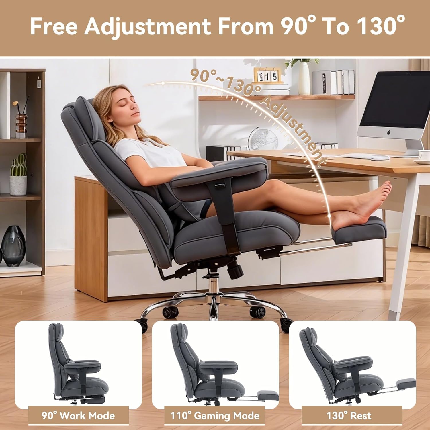 Thumbnail 4 de Efomao 3084f Big & Tall Office Chair, Beige Mesh with Footrest