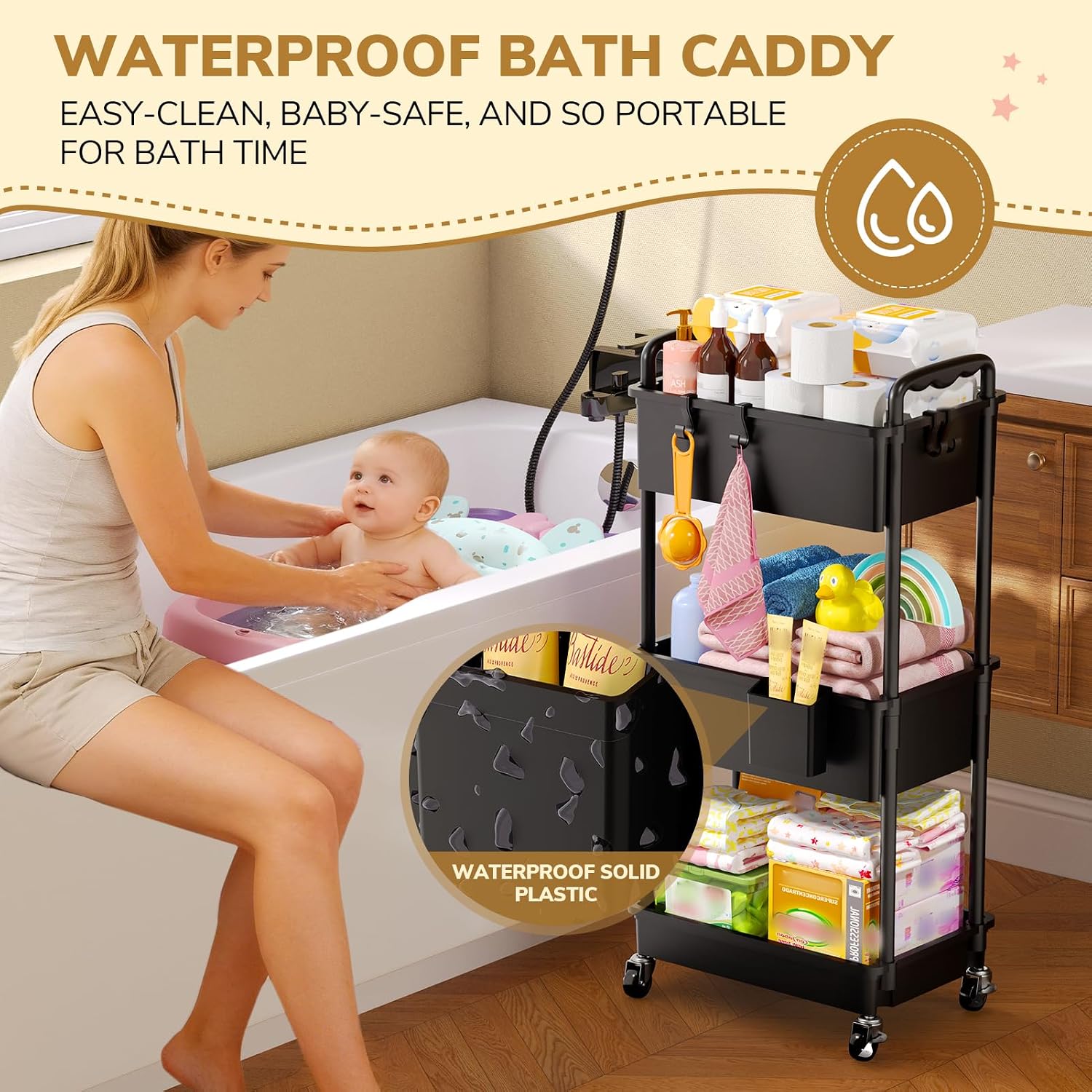 Detalle de Goovilla 3-Tier Diaper Cart with Locking Wheels, Black Plastic Organizer
