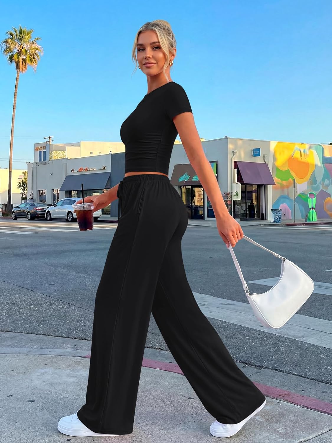 Thumbnail 2 de Trendy Queen 2 Piece Matching Summer Lounge Set: Side Ruching Top + Wide-Leg Pants