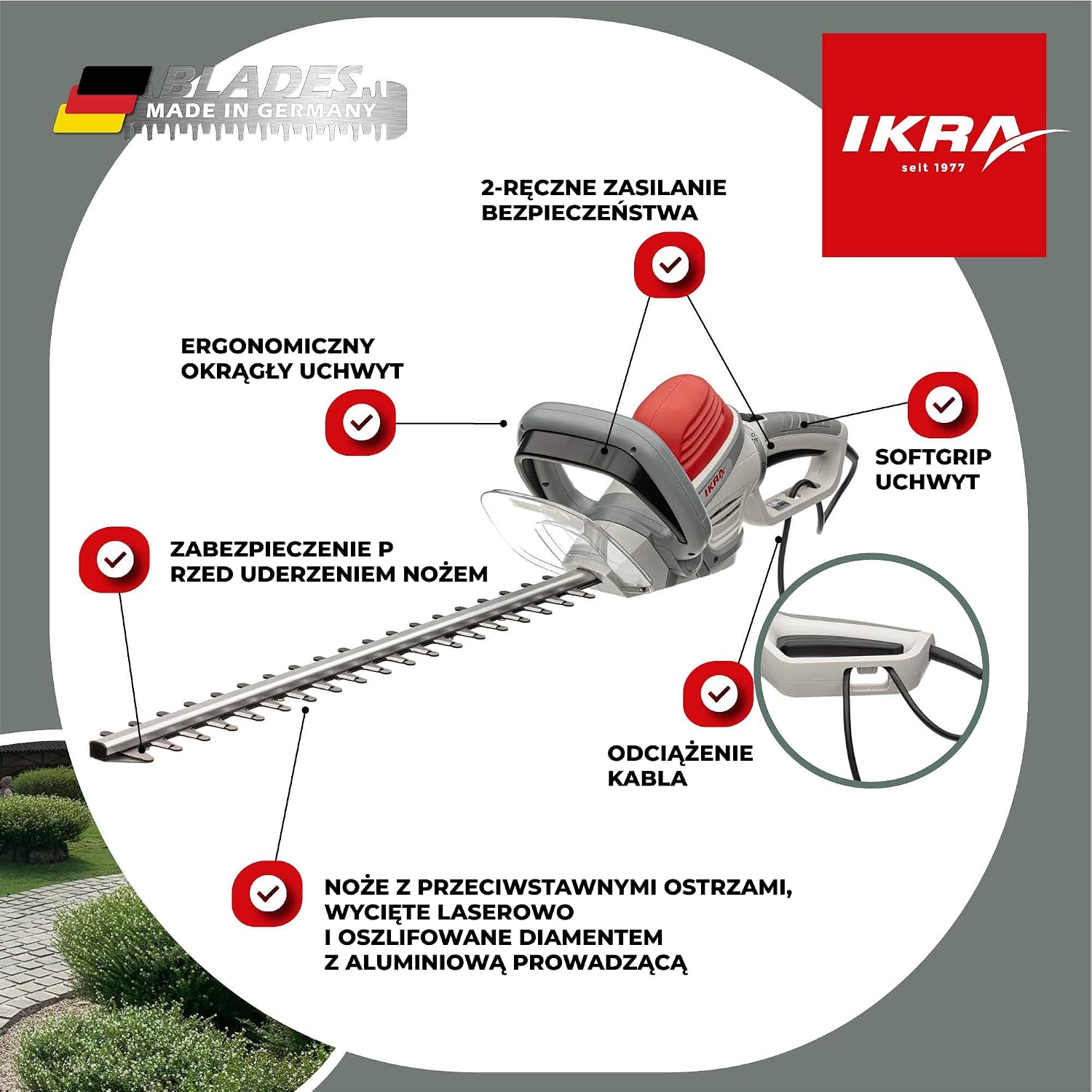 Detalle de IKRA IHS 650 – elektryczne nożyce do żywopłotu, 55 cm, 650 W, cięcie 22 mm