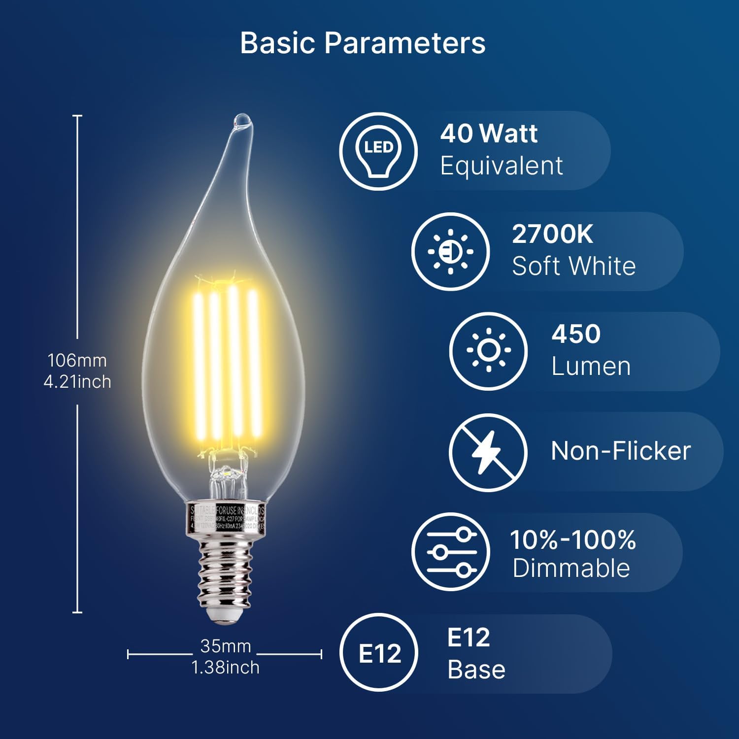 Detalle 2 de FLSNT CA11 E12 LED Candelabra Bulbs, Dimmable 2700K, 12-Pack