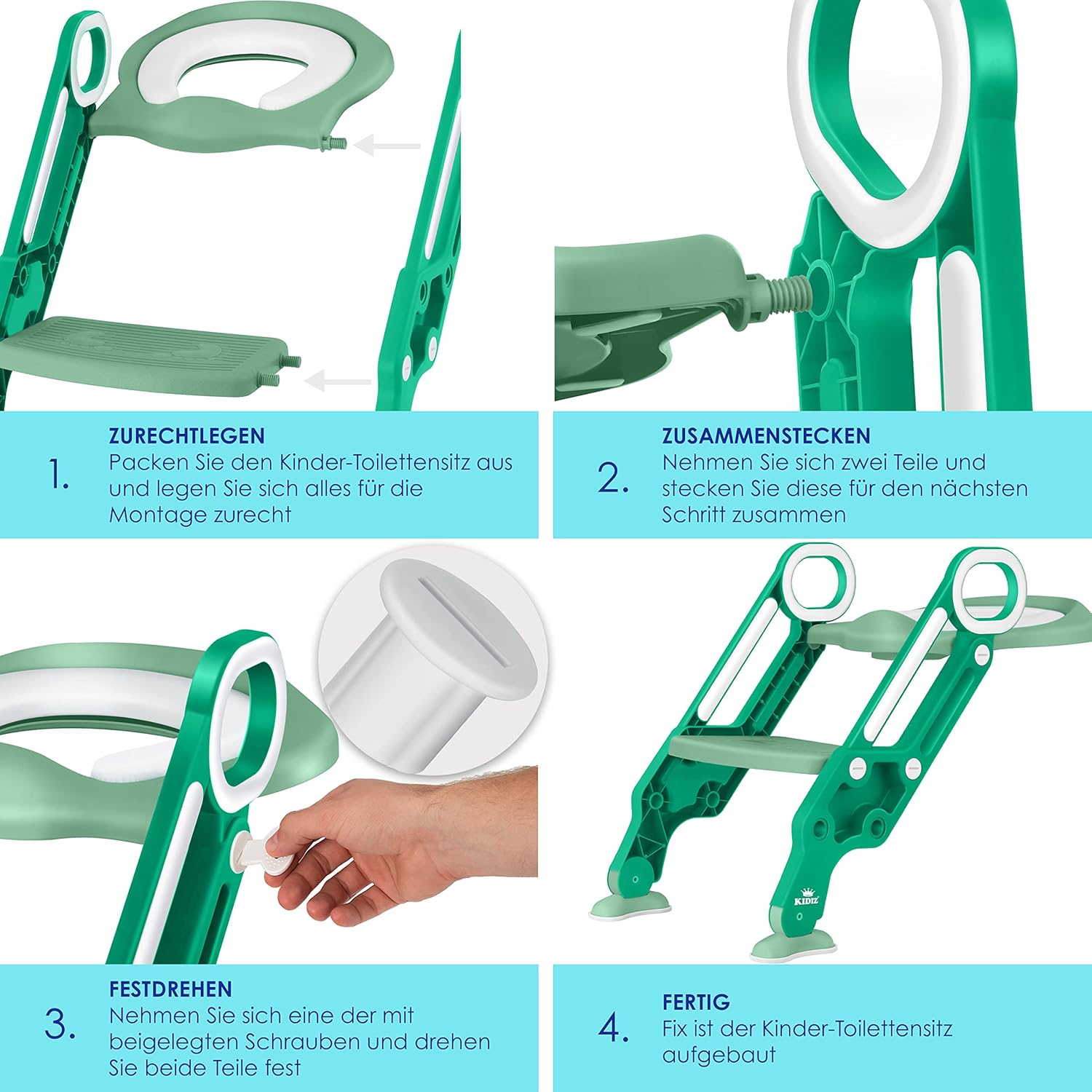 Detalle de KIDIZ® Kinder-Toilettensitz mit Treppentrainer, höhenverstellbar, faltbar – sicher, bequem und universell grün