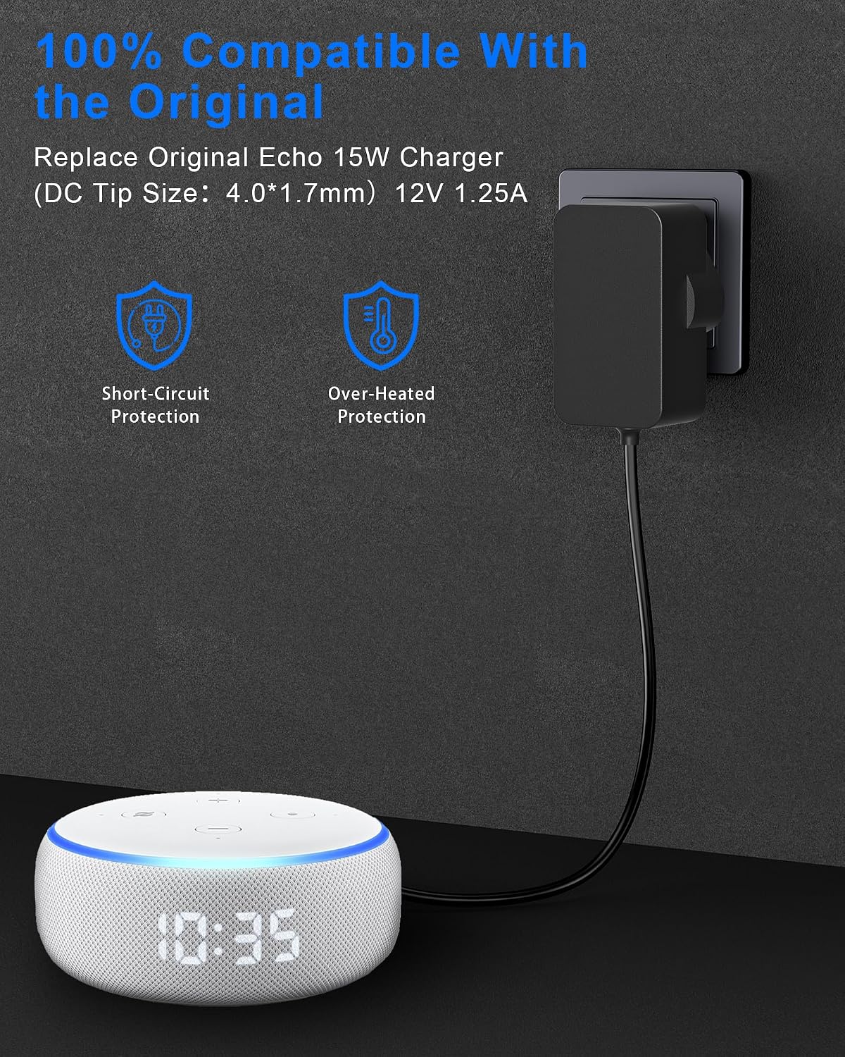 Detalle de Binamao 12V 1.25A 15W Power Supply Charger for Echo & More (1.5m Cable) – UK Plug