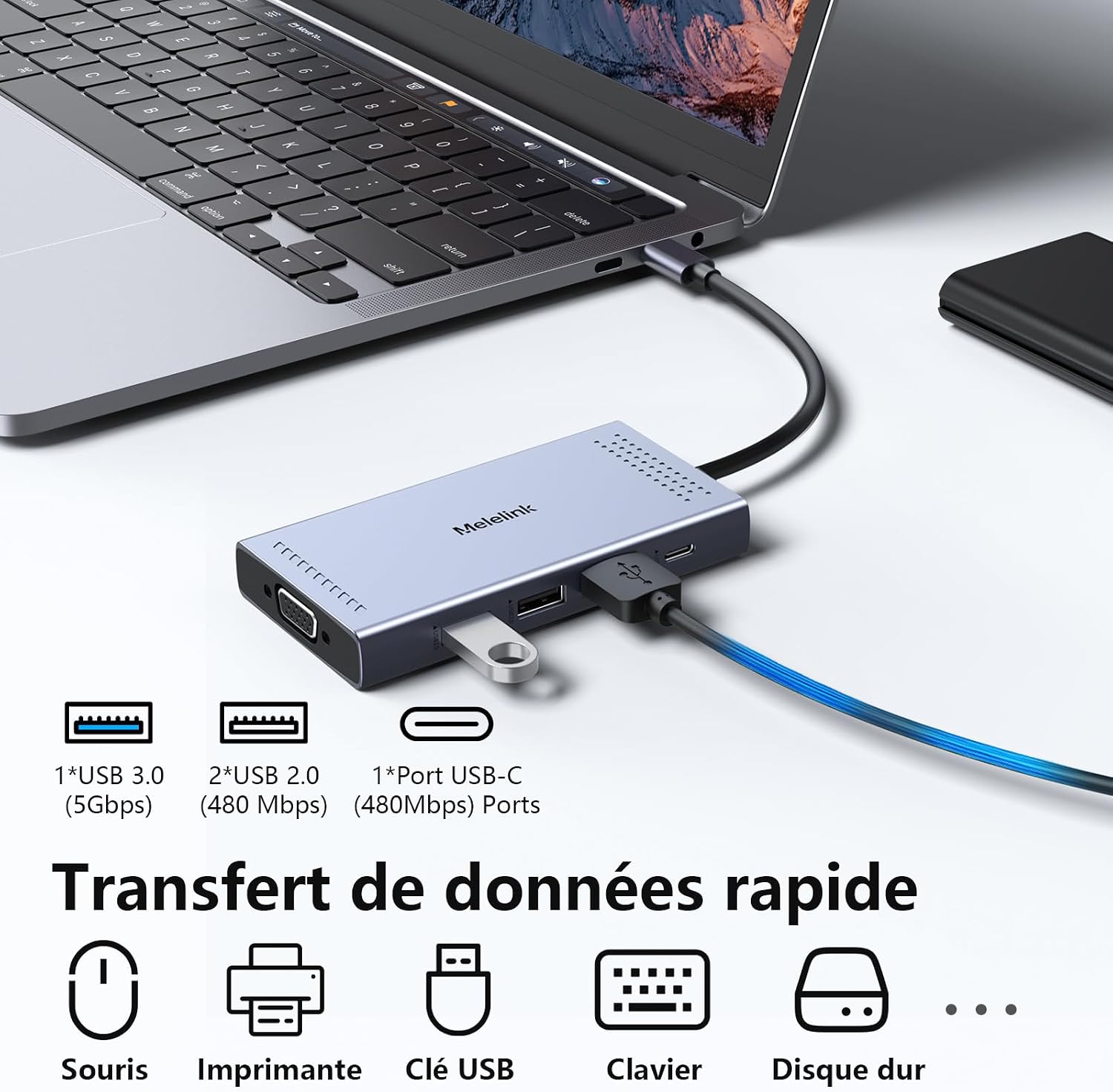 Detalle 2 de Dock USB C double moniteur 9 en 1 : station d’accueil USB‑C avec double affichage HDMI + DisplayPort, VGA et recharge 100 W