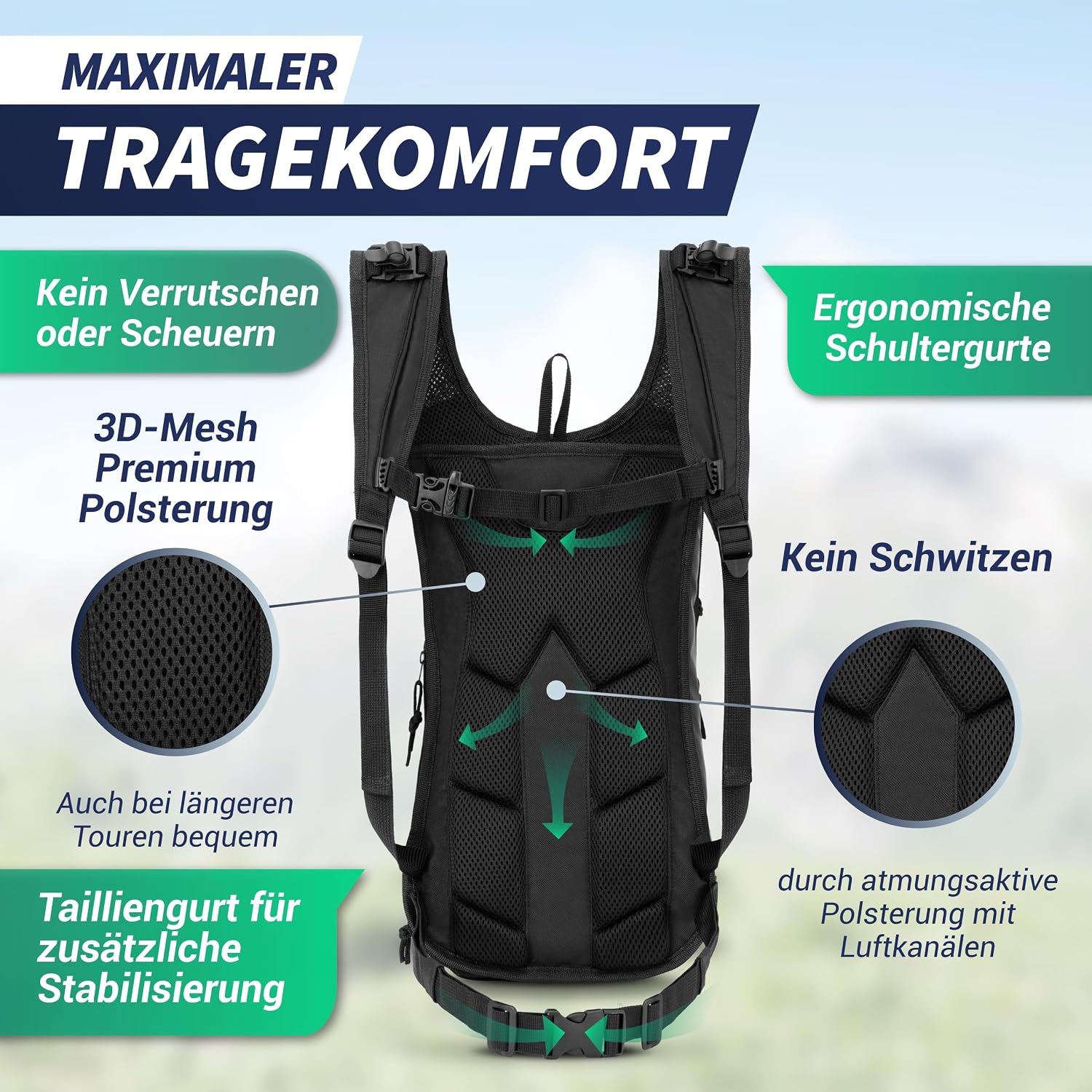 Detalle de SASMO Sports Fahrradrucksack 10l + 3l mit Trinkblase, Thermofach und Helmnetz
