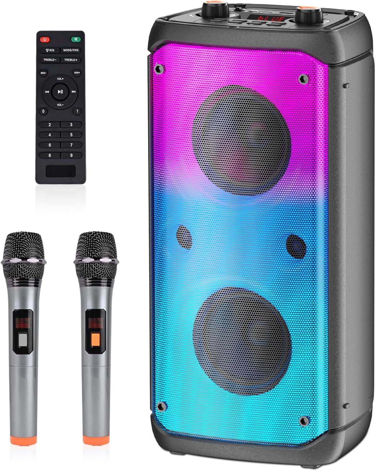 Detalle de TAMPROAD Q55: 80W Bluetooth Karaoke Speaker with 2 Wireless Mics, TWS, LED Lights and Subwoofer