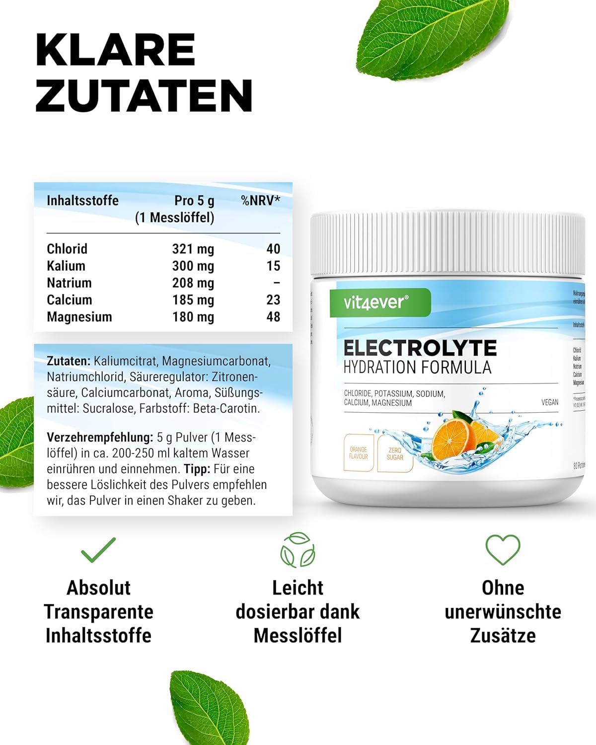Detalle de vit4ever Elektrolyte Hydration Formel – 400 g Pulver, Orangen Geschmack (80 Portionen, zuckerfrei, vegan)