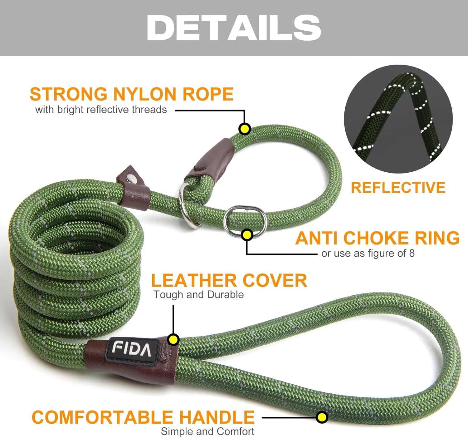 Thumbnail 1 de Fida Slip Rope Hundeleine (1,8 m) – Slip-On-Schleppleine mit reflektierenden Nähten