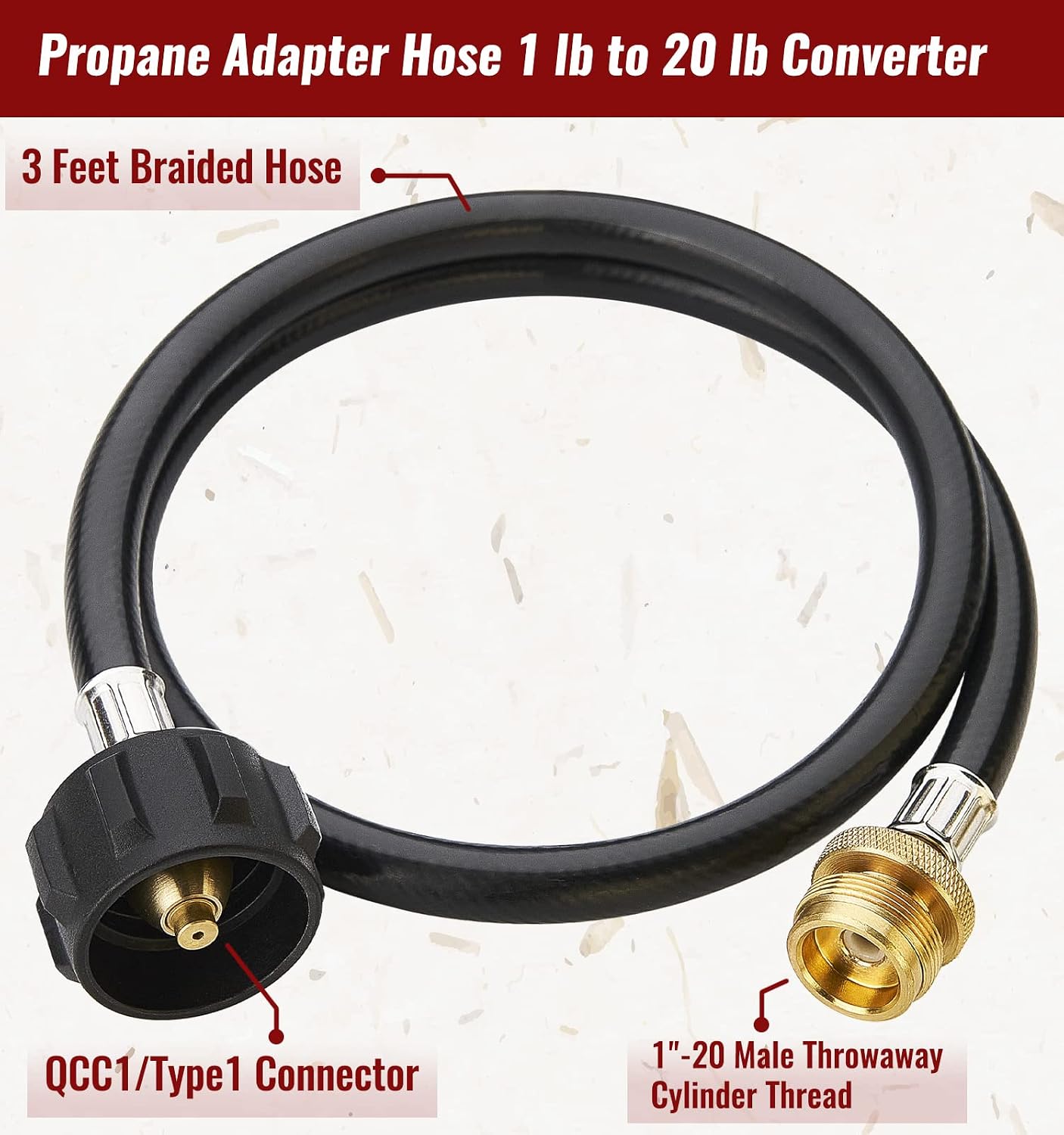 Detalle de CALPOSE Propane Adapter Hose for 1lb Appliances, Rubber Hose and Brass Fittings