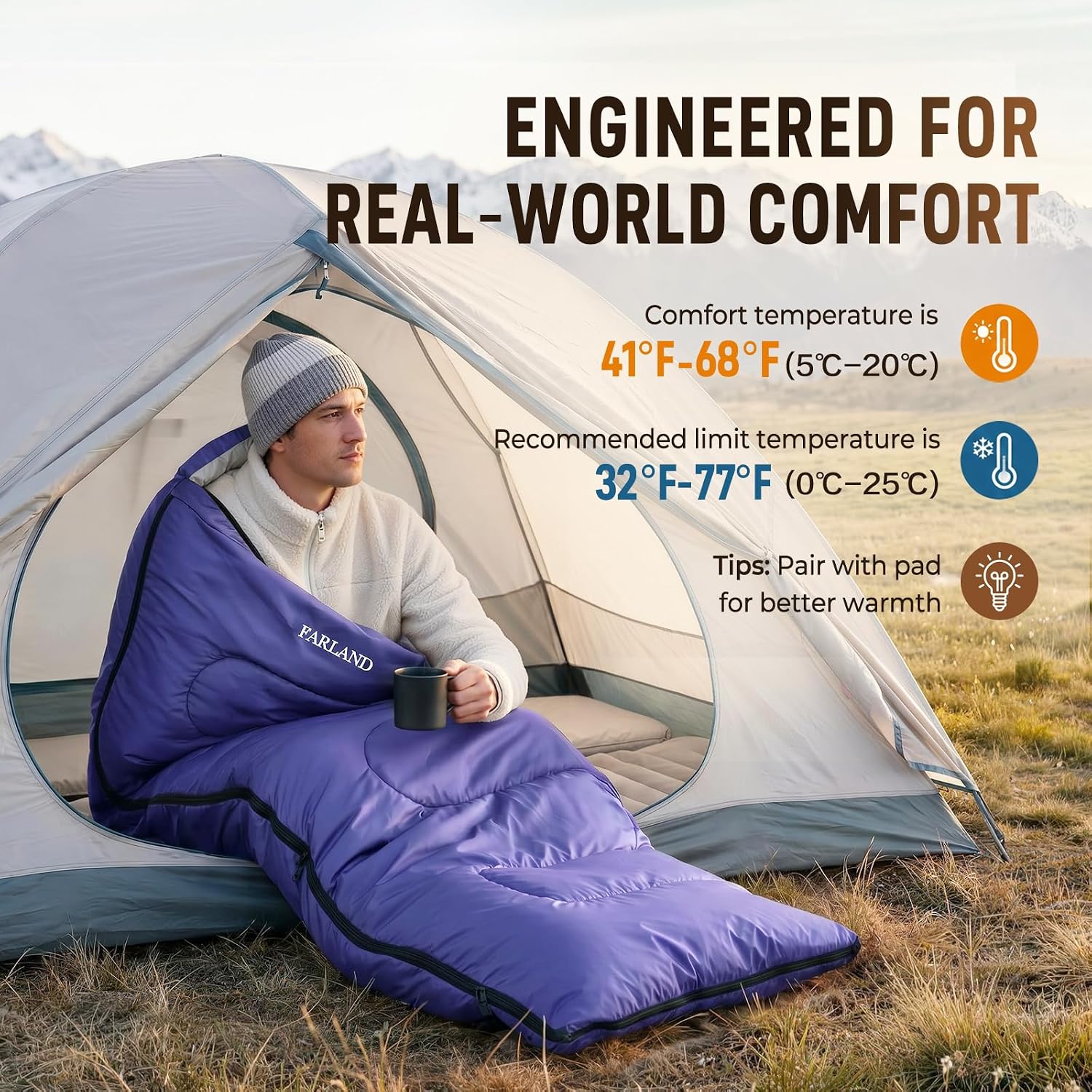 Detalle de FARLAND 3-Season Sleeping Bag, Purple, Water-Resistant Shell and Compression Sack