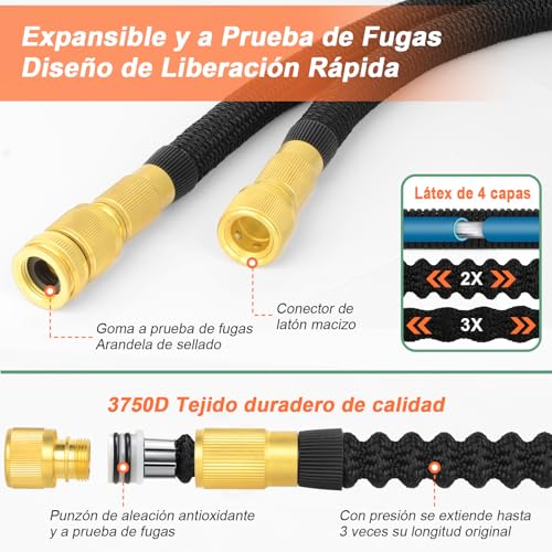 Detalle de Manguera de Jardín Extensible 7.5M (3x2.5M) Cunbayi con Pistola 10 Funciones – Flexible, Ligera y Durable