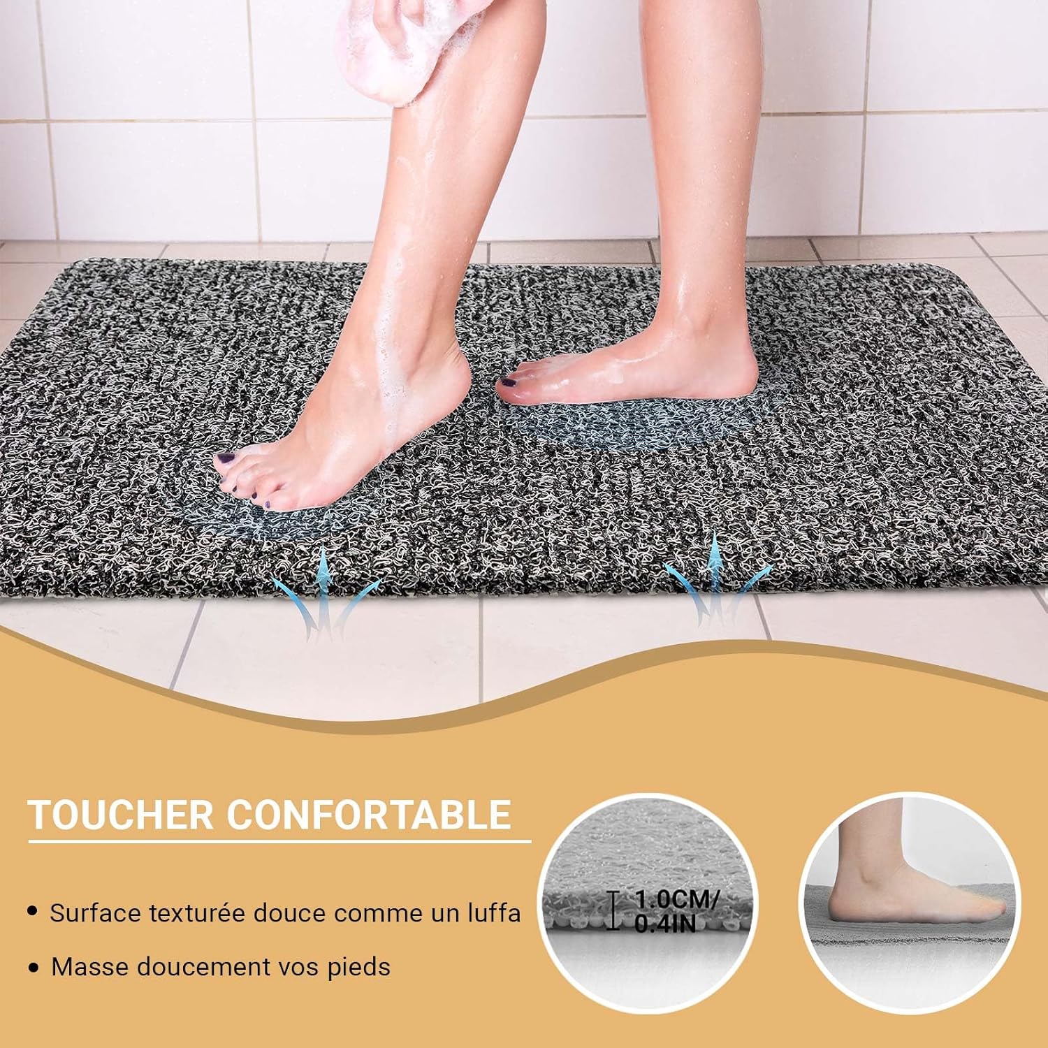 Detalle de COSYLAND Tapis de Douche Antidérapant 40x80 cm – Luffa PVC, Drainage Efficace, Noir/Blanc