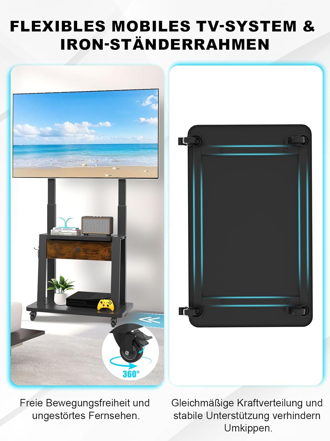 Detalle de Rollbarer TV-Ständer mit Stoffschublade für 32–75 Zoll - höhenverstellbar, rollbar und kompatibel mit VESA bis 600 × 400 mm