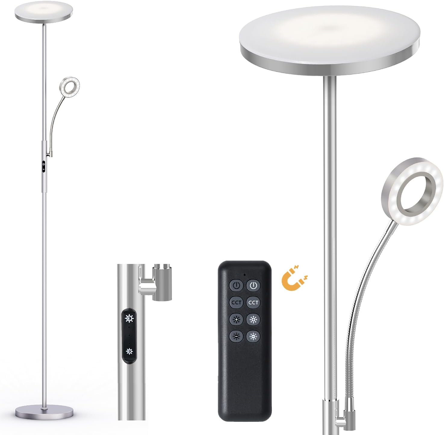 Detalle de Modlicht 35W Stehlampe LED Dimmbar Silber – 4200LM, 4 Farbtemperaturen, Fernbedienung & Touch-Steuerung