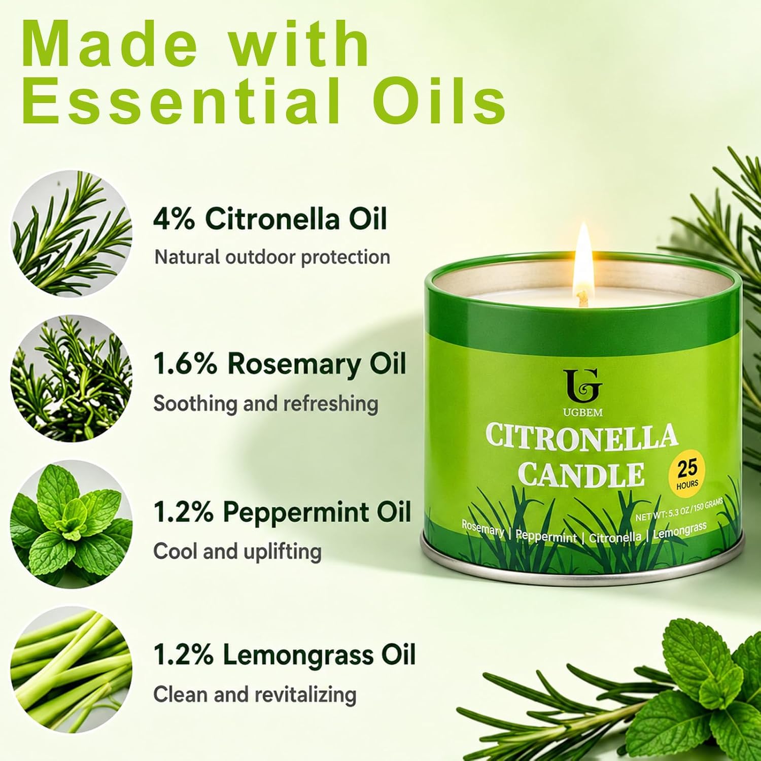 Detalle de 4 Pack Citronella Candles Outdoor – Soy Wax, Plant‑Based Oils for Patio and Camping