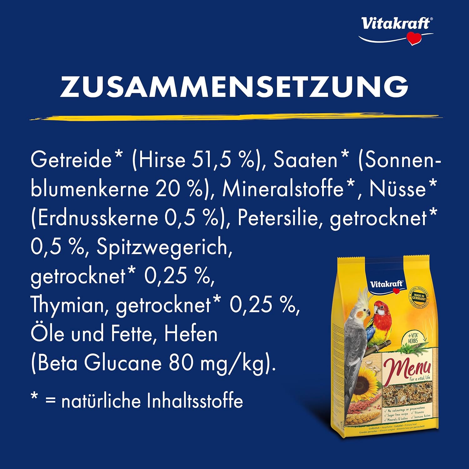 Detalle de Vitakraft Menü Großsittichfutter 5x1 kg – Getreide, Nüsse, Zuckerfrei